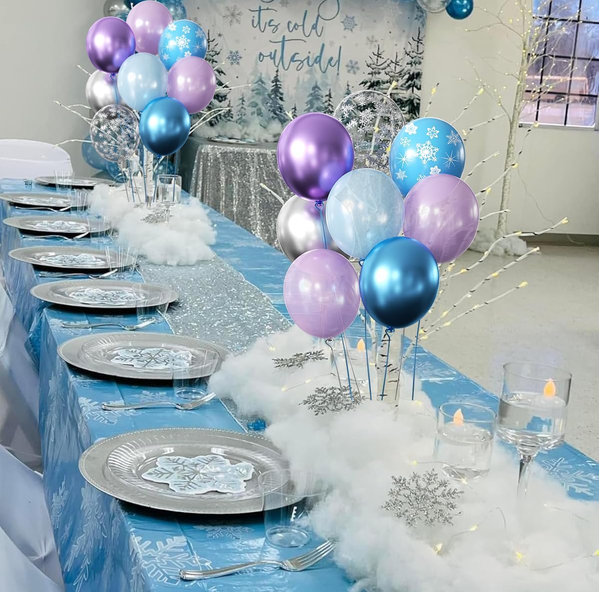 Purple and Blue Party Balloons Kit, 50pcs Blue Silver Purple Balloons 12 Inch Snow Balloons for Theme Party Supplies Ice Snow Theme Winter Party Decorations