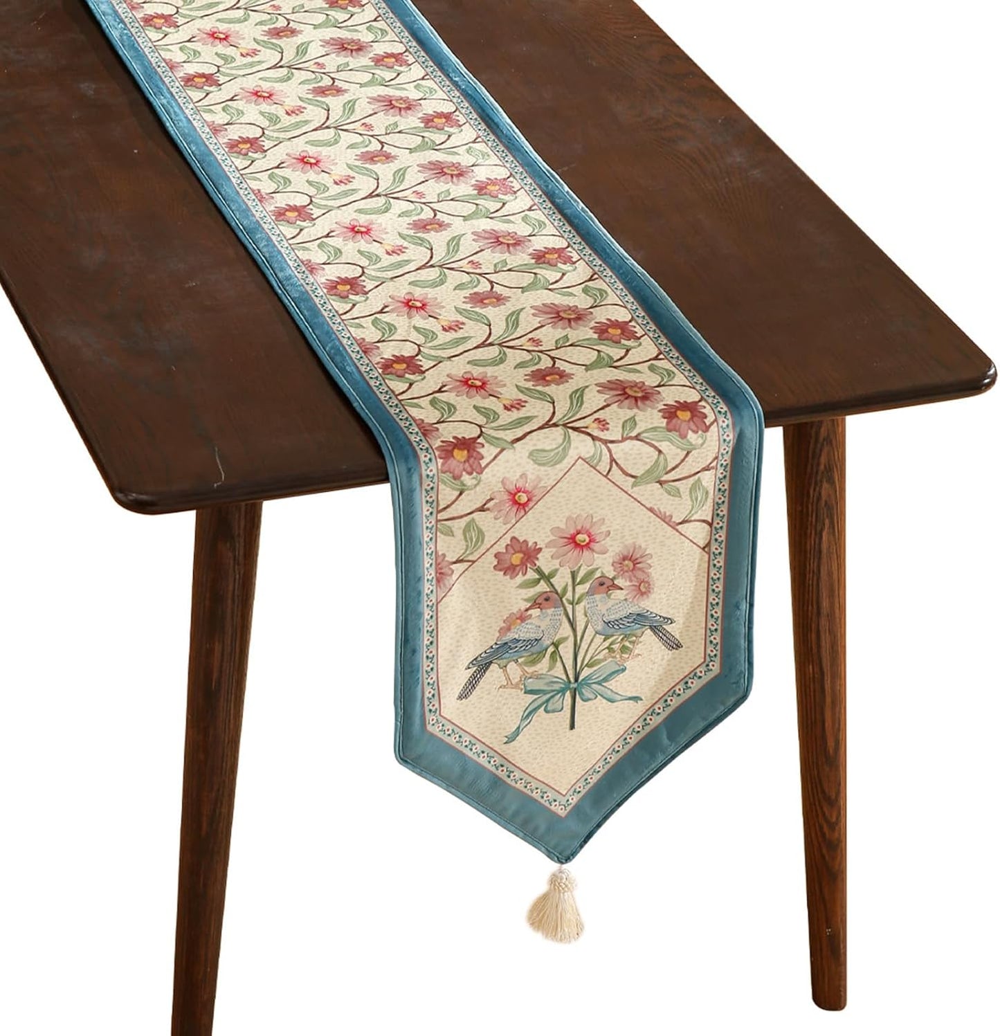 patdrea Designer French Elegant Wild Flowers Velvet Table Runner 87 Inch Long, Beige Pink Floral Pattern Table Mat, Decoration for Kitchen Dining Coffee Table Cabinet Banquet Thanksgiving,12"*87"