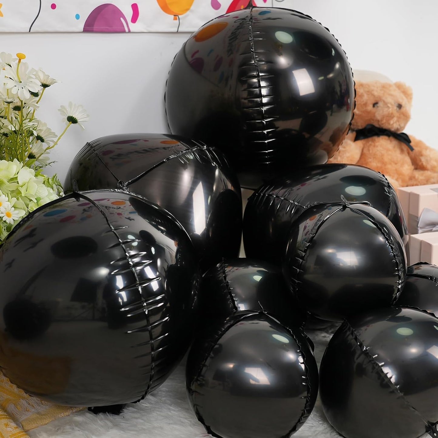 12Pcs Black Round Foil Balloons, 22" 15" 10" Metallic Black 4D Ball Balloons for Birthday Graduation Christmas New Year Eve Halloween Party Backdrop Decorations