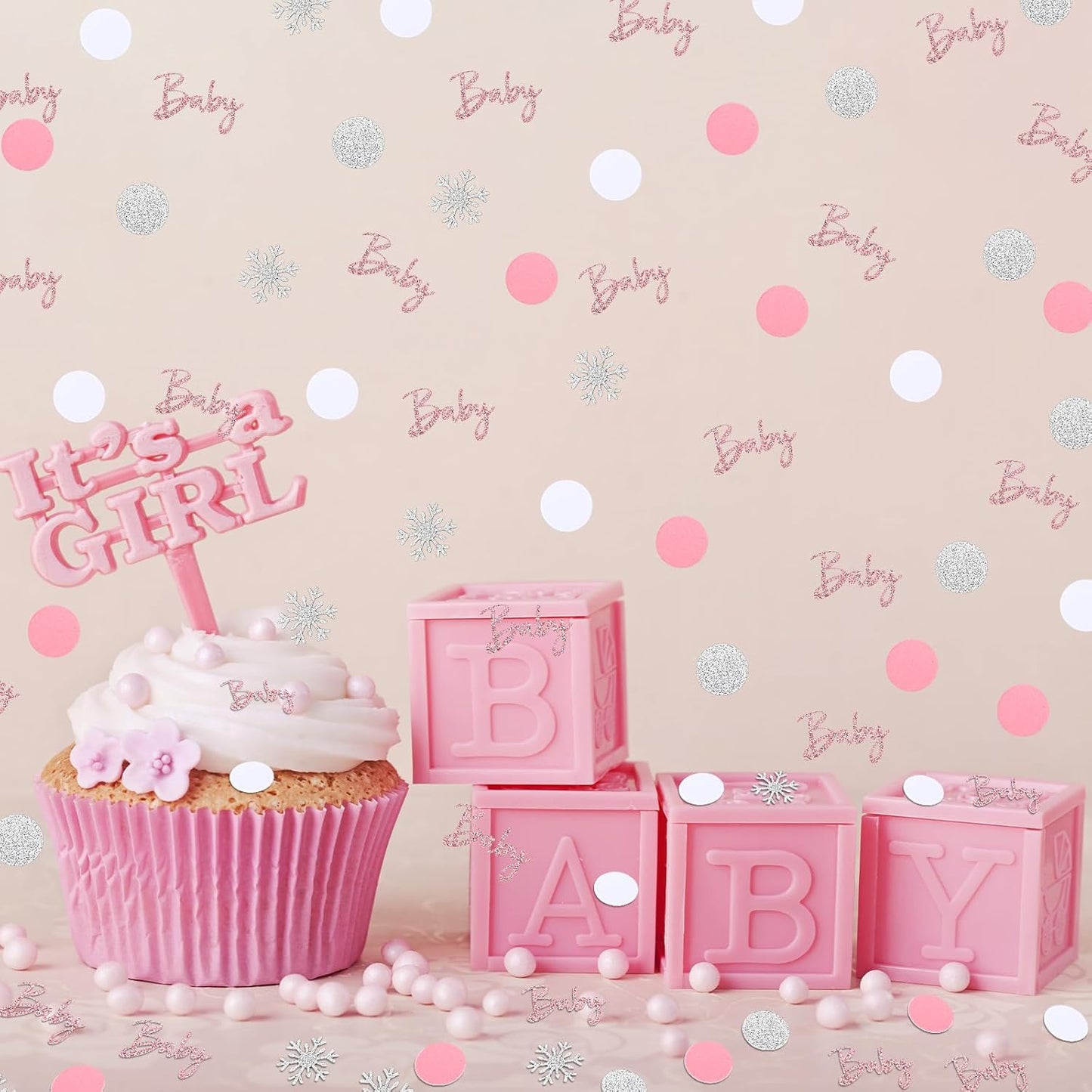 MARFOREVER Winter Baby Shower Table Confetti, 200 Pcs Glitter Pink Silver Snowflake Table Decorations Winter Gender Reveal Sprinkle for Winter Birthday Party Baby Shower Decorations(Pink)