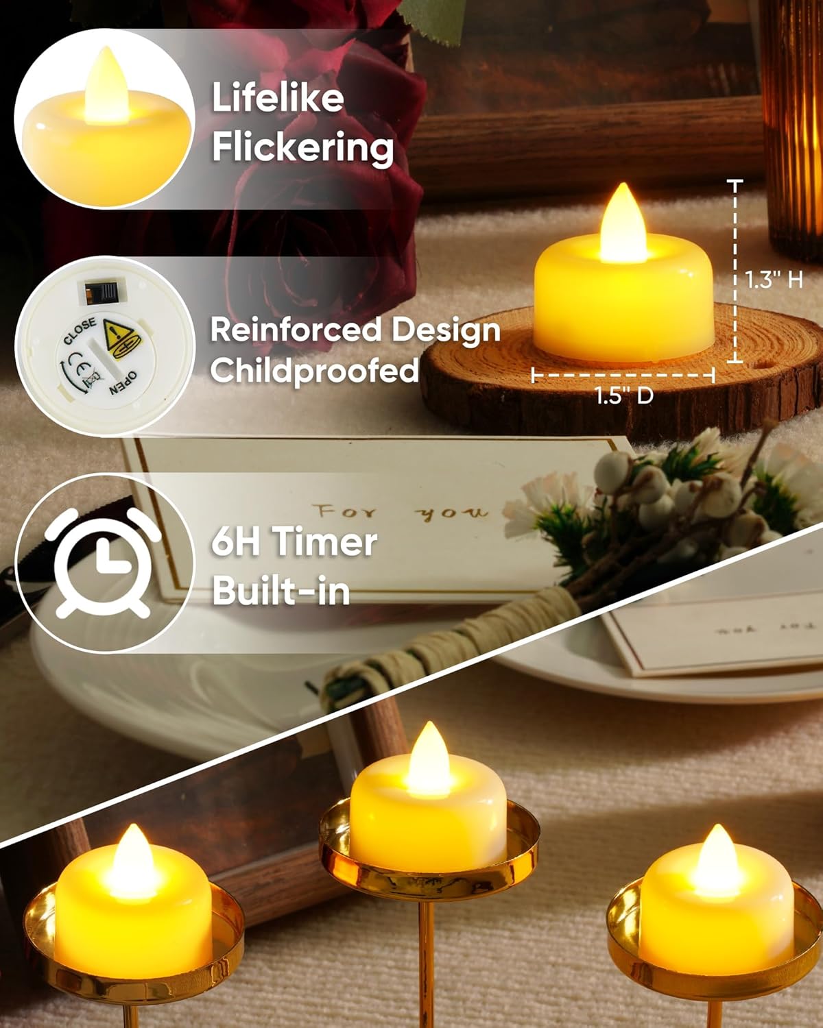 Amagic 12 Pack Timer Tea Lights Candles Battery Operated Candles with 6H Timer, Auto On Daily, Flickering LED TeaLights for Wedding, Table Centerpiece, Home Decor, Christmas, Halloween, Ivory Base