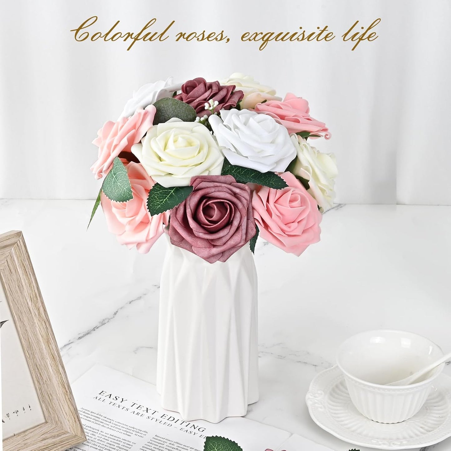 BLEUM CADE 36Pcs Artificial Flowers Fake Roses with Stems, Gradient Dusty Rose Boxed Foam Roses for DIY Bouquets Centerpieces Wedding Party Arrangement Bridal Shower Decor