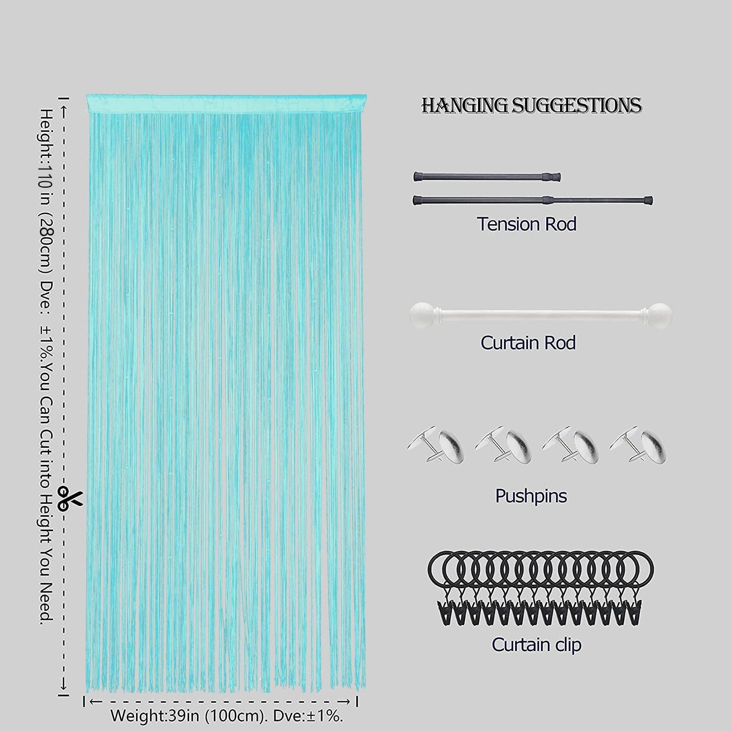 Beaded Doorway Curtain Door Beads Dense String Curtains Fringe Hippie Perfect for Wall Hanging Decor Room Divider Privacy Doors Window Closet Doorways Decorations (100x280cm,Teal Blue)