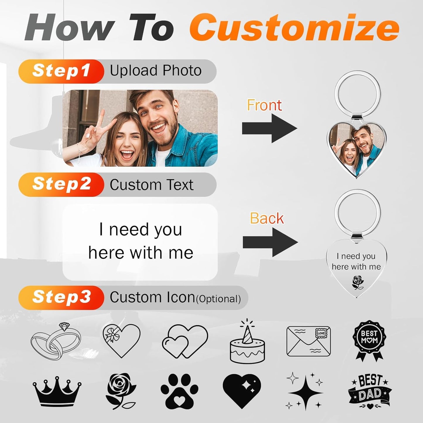 Custom Keychain with Picture, Personalized Photo Keychain with LOGO Text, Customized Gifts for Boyfriend Couple