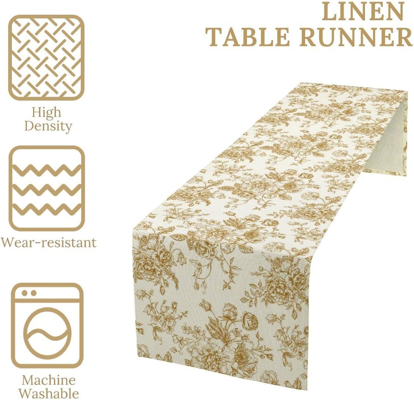 Retro Floral Table Runner, Golden White Wildfloral Sketch Print Kitchen Dinning Table Runner for Indoor Outdoor Home Wedding Party Holiday, 13x70 Inch