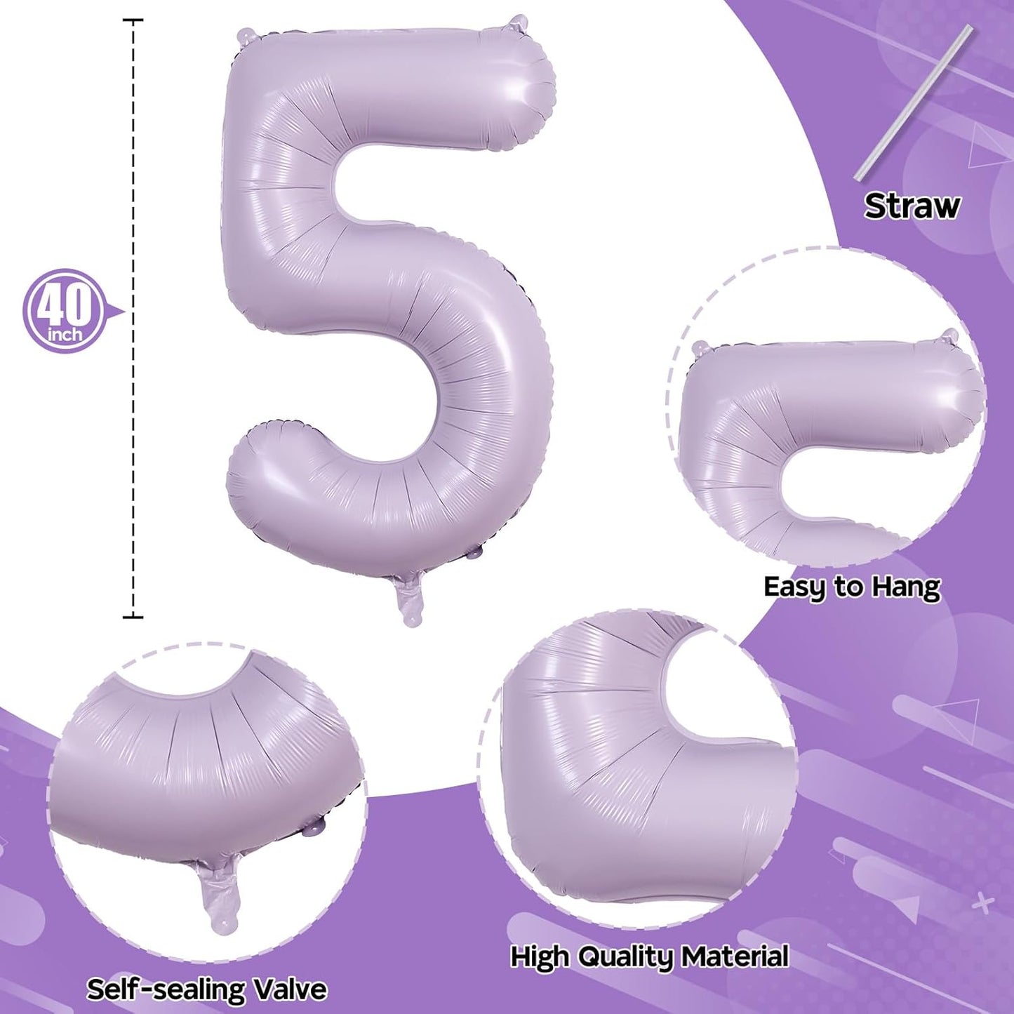 Pastel Purple 5 Balloons, 40 Inch Giant Dusty Light Purple Mylar Foil Number 0-9 Helium Balloon for Girls, Self Inflating Lilac 5th Birthday Balloon for Women Anniversary Party Decorations Supplies