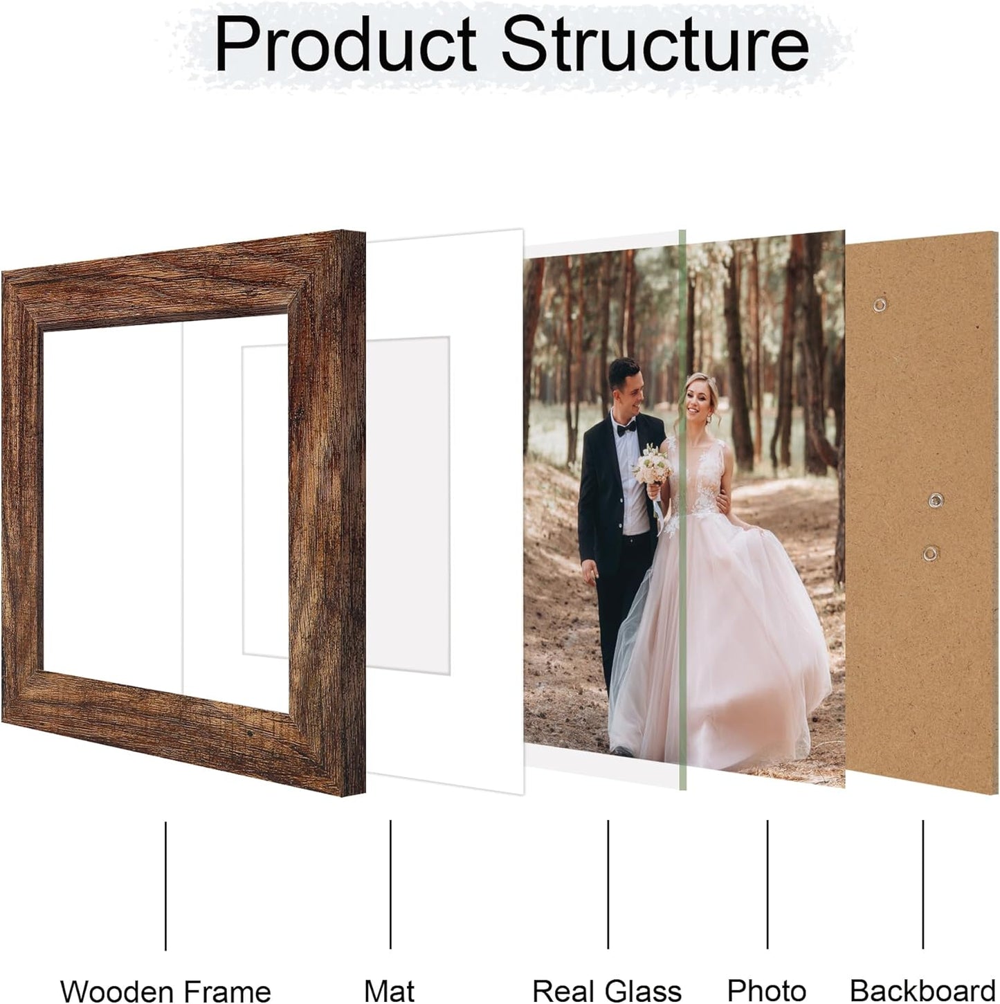 6x6 Picture Frame Set of 4 with Real Glass, Rustic Frames Display 4x4 Picture with Mat or 6 x 6 Without Mat, Wood Square Photo Frame for Wall Mount and Tabletop Display