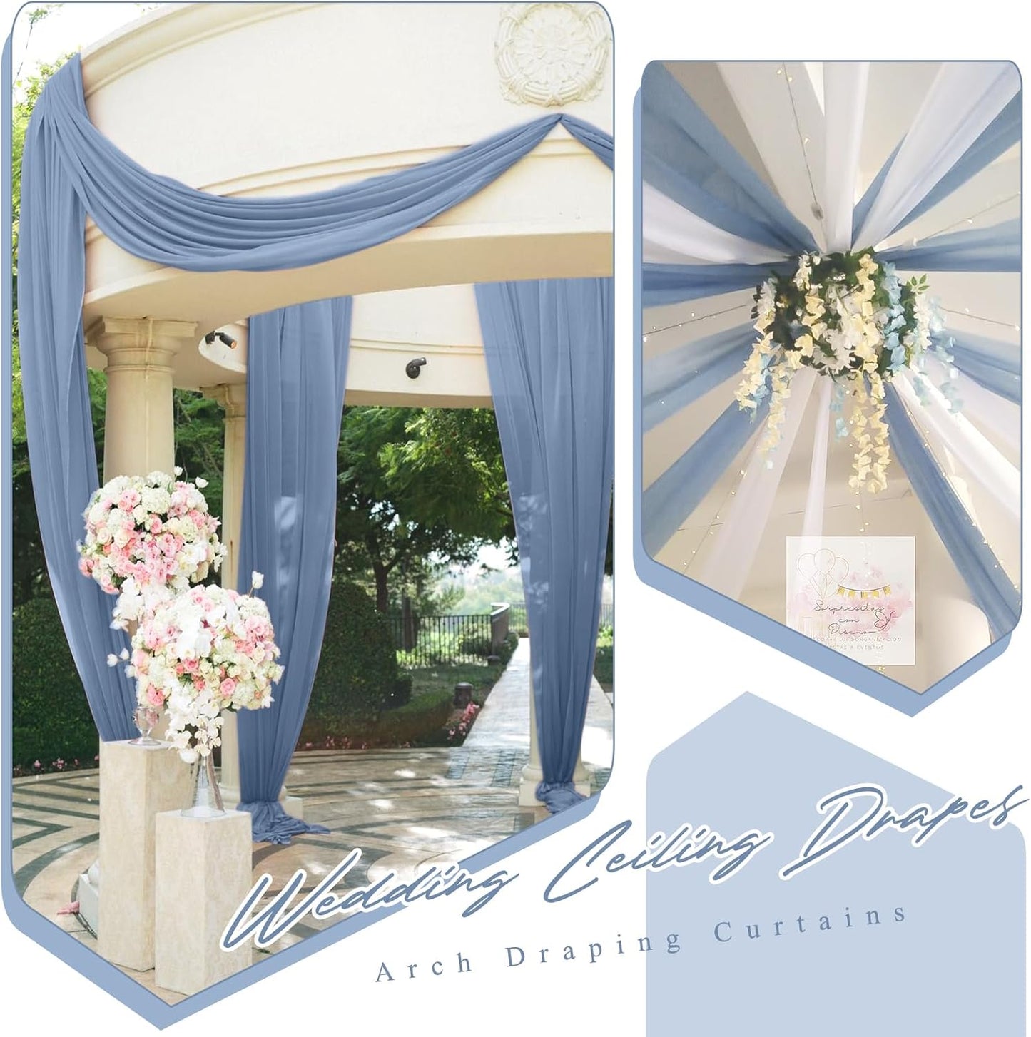 6 Panels Dusty Blue Ceiling Drapes for Wedding 5ftx30ft Chiffon Fabric Arch Draping Curtains Sheer Drapery for Party Ceremony Birthday Baby Shower Reception Stage Swag Ceiling Decorations