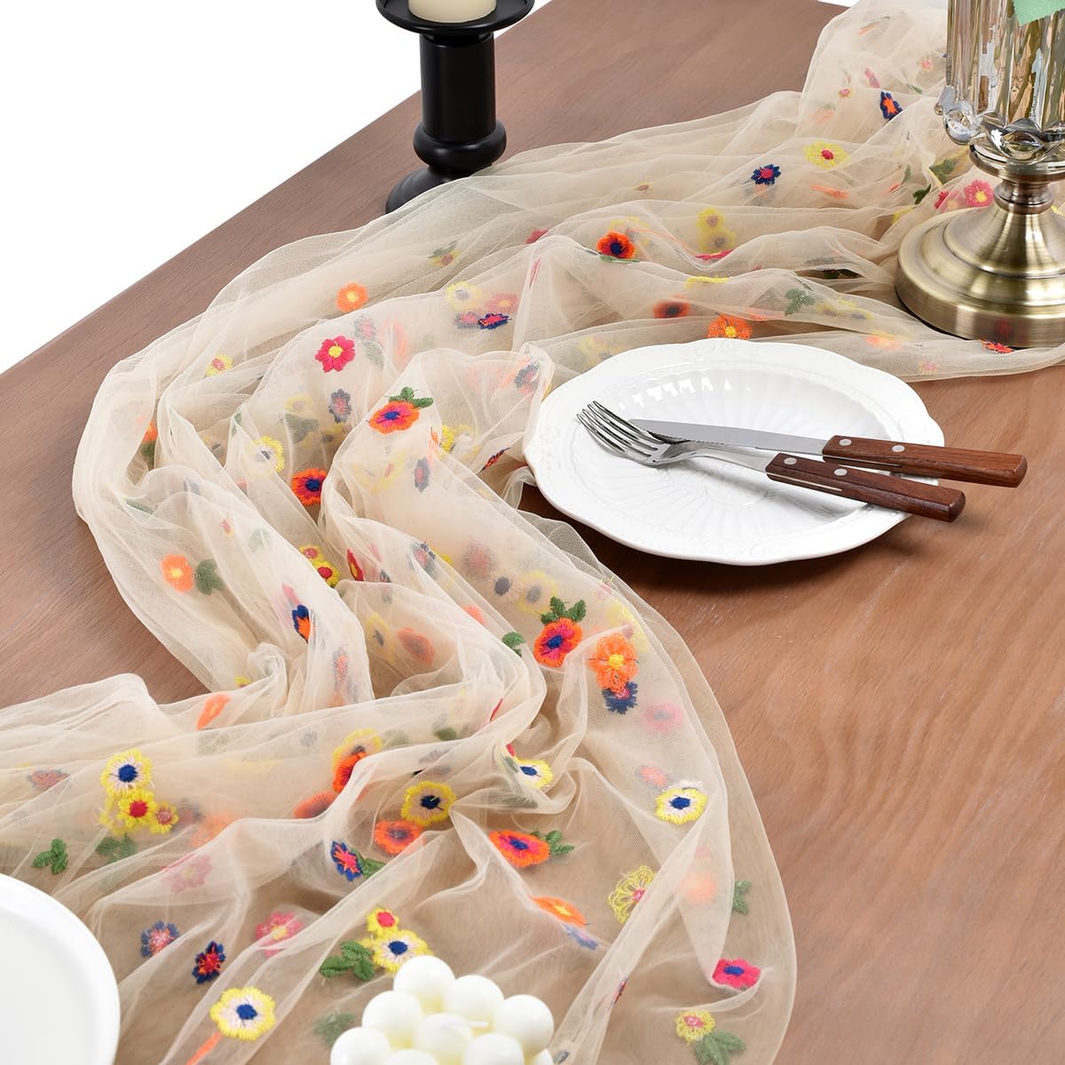 Joanlody Champagne Embroidery Daisy Fall Thanksgiving Table Runner 10ft Florals Seasonal Tulle Table Runner Holiday Kitchen Dining Table Decoration for Home Party Indoor