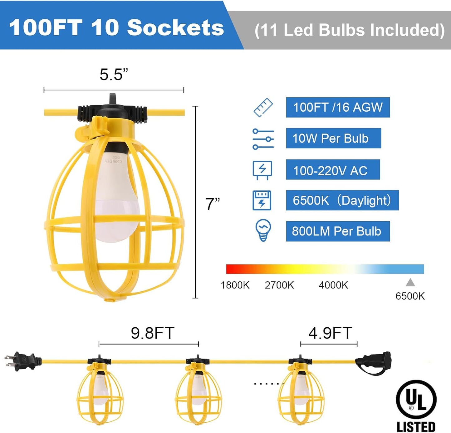 100FT Construction String Lights with Outdoor Extension Cord Safety Cover, 100W 11 Bulbs Work Lights, IP65 Waterproof, 8000LM 6500K Temporary Lighting for Workshop, Mine cave, Job Site