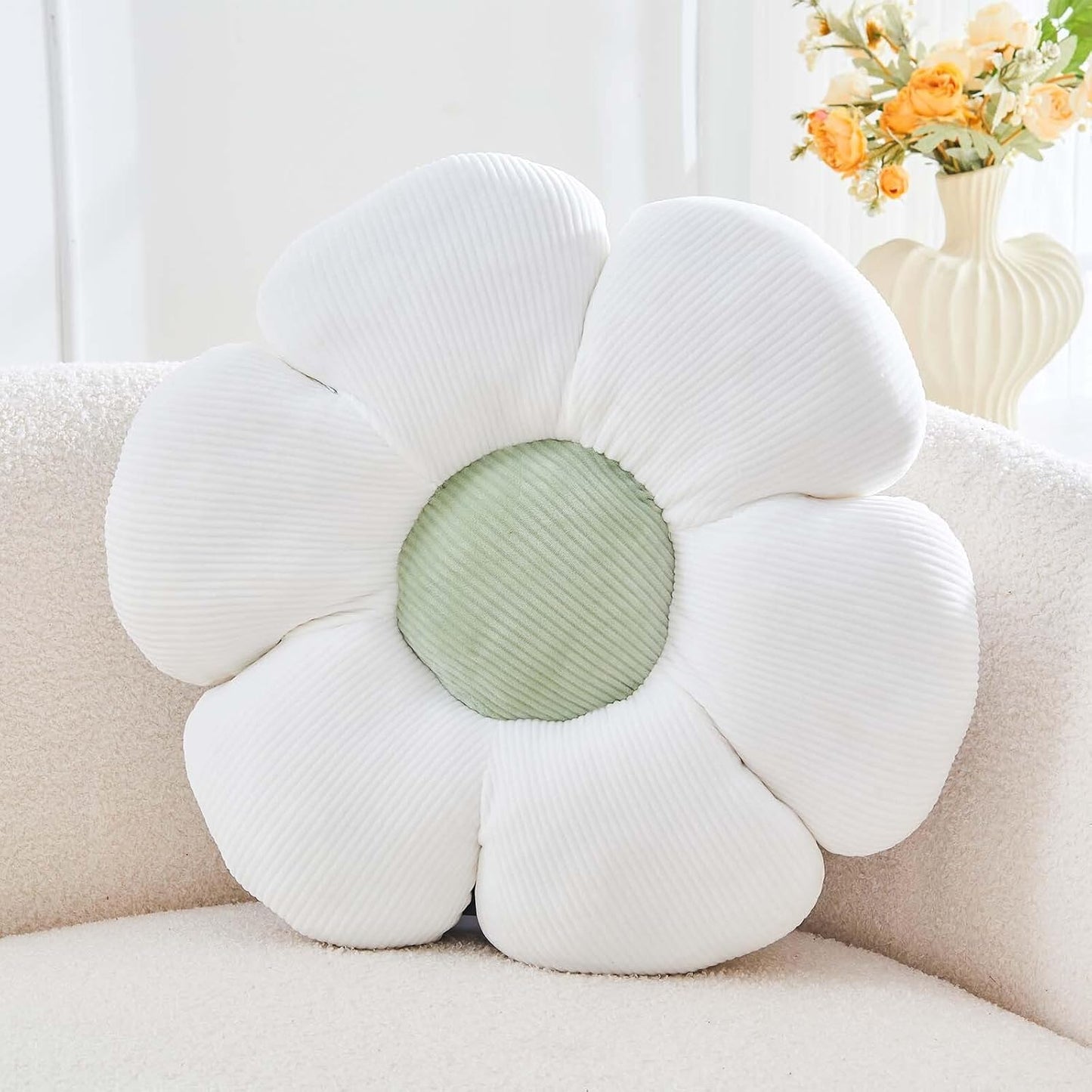White Flower Pillow, 17.7" Cute Flower Shaped Floor Pillow, Aesthetic Floral Plush Daisy Decorative Throw Pillows for Bed Sofa Couch