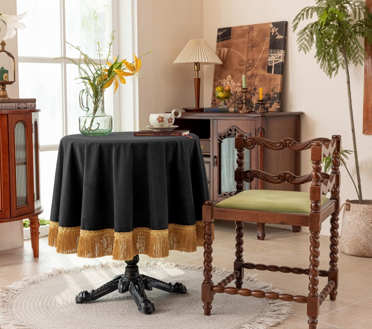 F-CHU Luxury Black Tablecloth Thickset Velvet Tablecloth with Beautiful Gold Tassels Vintage Table Cloth for Home Decor Wedding, Party, Banquet and Events 48" Round