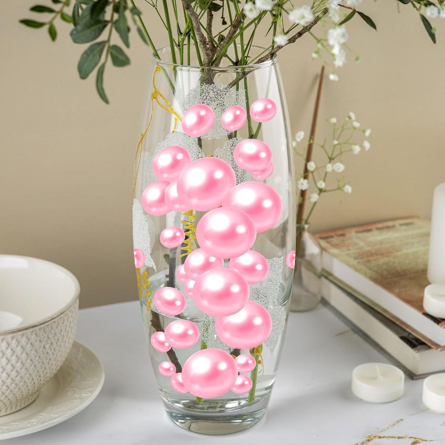 100PCS Pink Faux Pearls Beads for Centerpiece Vases, Vase Filler Faux Pearls, No Holes Filler Beads for Party Anniversary Valentine's Day Wedding Table Decor, 14/20/30mm