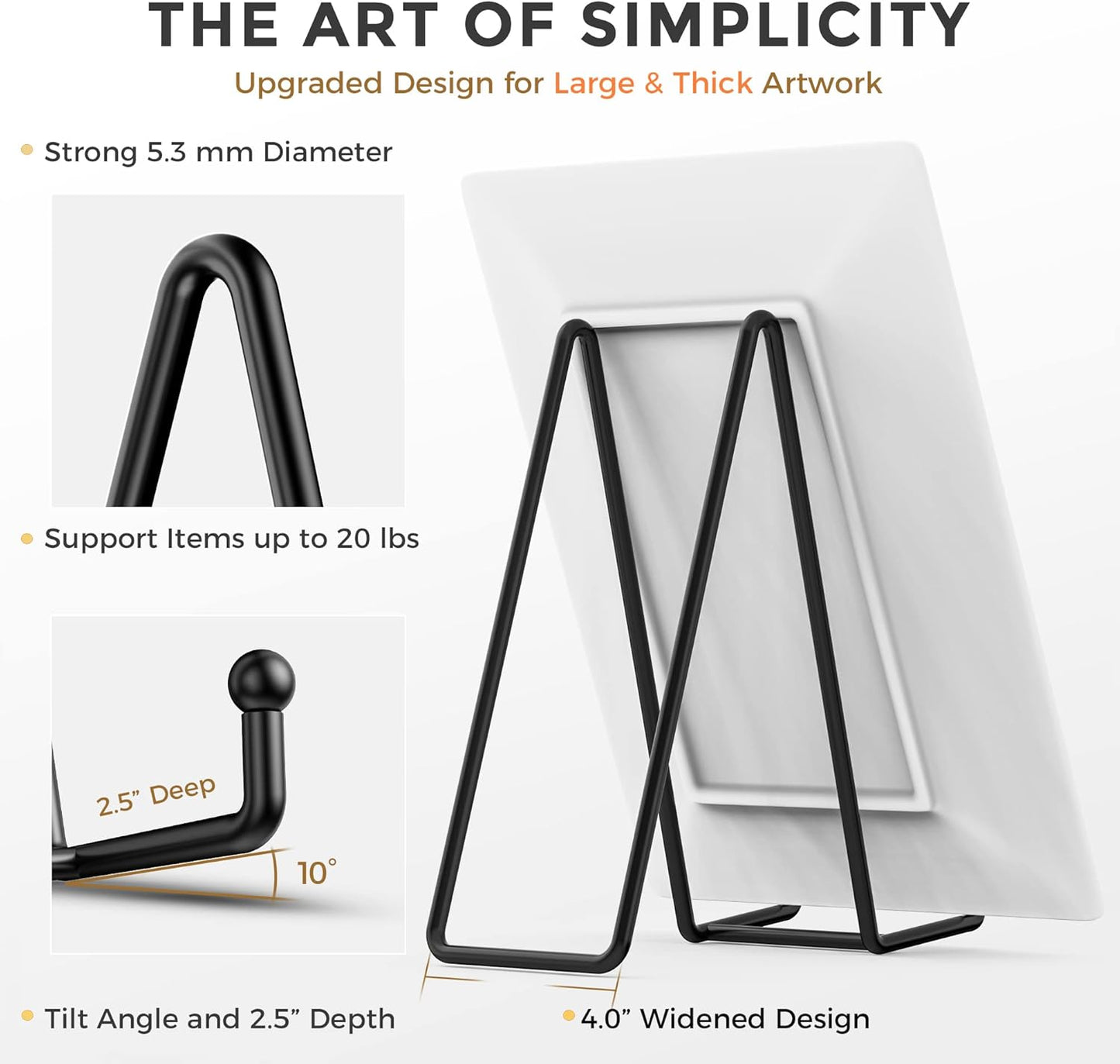 TR-LIFE 10 Inch Large Plate Stands for Display - Metal Plate Holder Display Stand + Picture Frame Holder Stand + Small Easels for Decorative Platter, Book, Plaques, Photo, Tabletop Art (2 Pack)