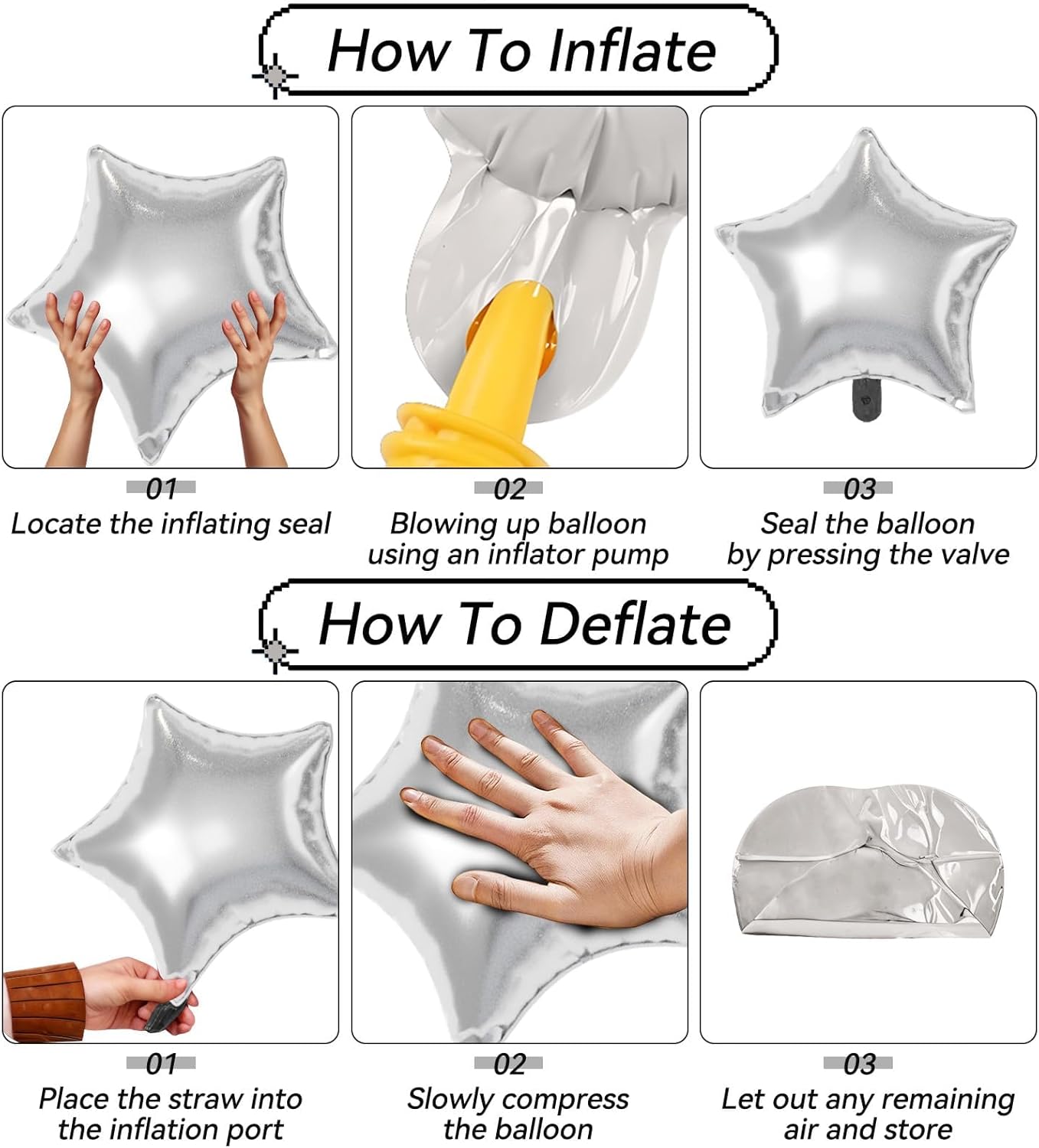 16 Pcs Silver Star Balloons, 22/18/10 Inch Foil Balloons, Four-Pointed Large Balloon for Kids Birthday Graduation Celebration Wedding Baby Shower Party Decorations