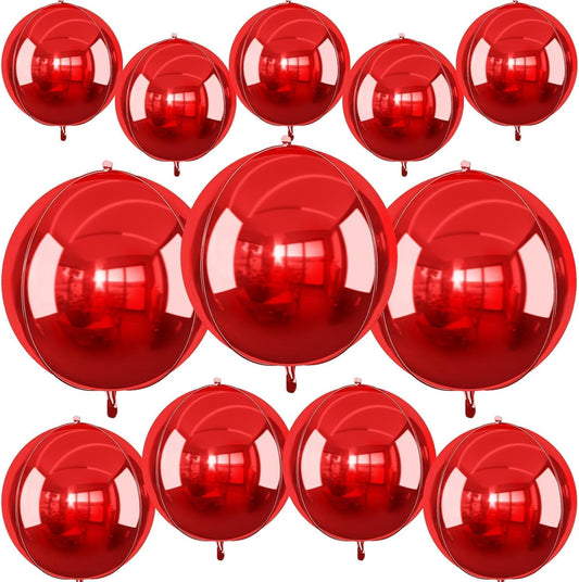 12Pcs Red Round Foil Balloons, 22" 15" 10" 4D Ball Balloons, Metallic Red Foil Balloon for Wedding Birthday Graduation Christmas New Year Party Decoration Supplies Backdrops