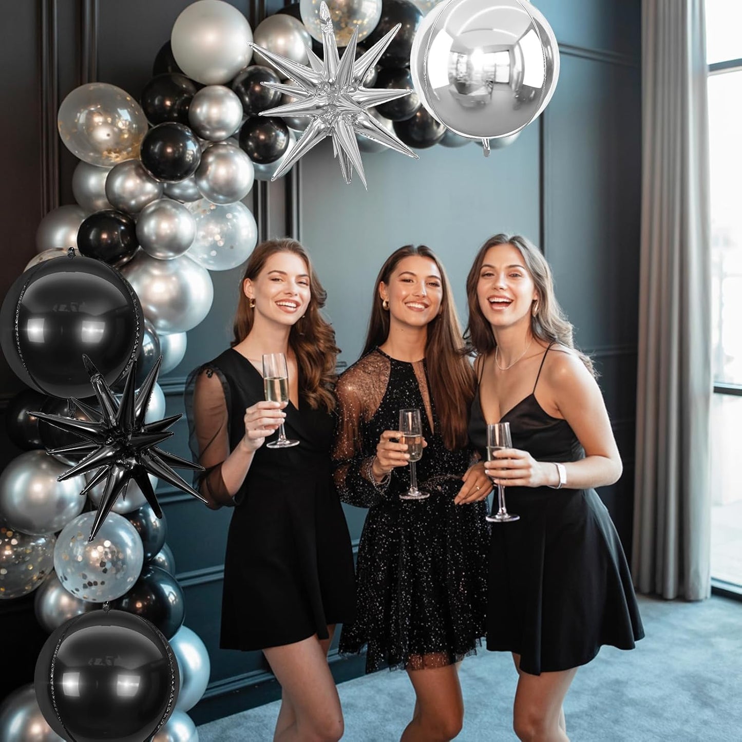 6Pcs Black Silver Foil Balloons,22Inch Black Silver 4D Round Ball Balloon and Explosion Star Balloon for Birthday Wedding Baby Shower Anniversary Decorations