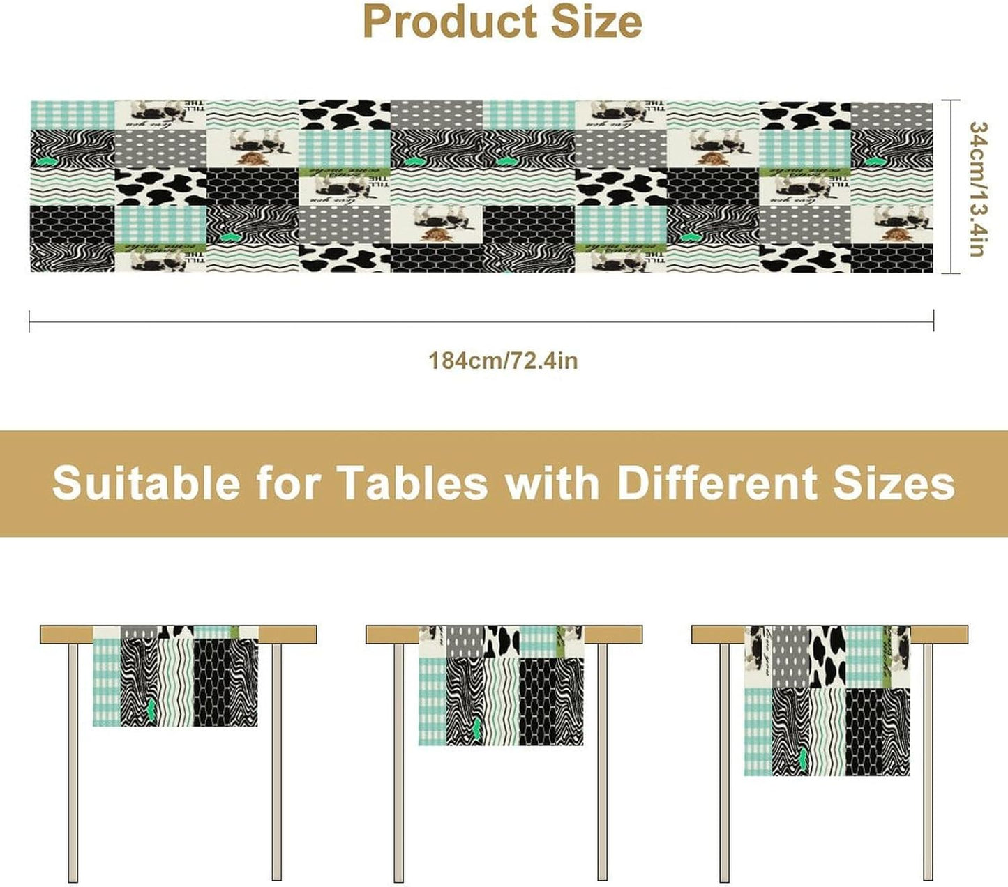 Cute Cow Print Table Runner,Farm Animals Honeycomb Plaid Stripes Cowhide Pattern Tablecloth Burlap for Hotel Indoors Outdoor Dining Room Kitchen Table Decor, 13x70in