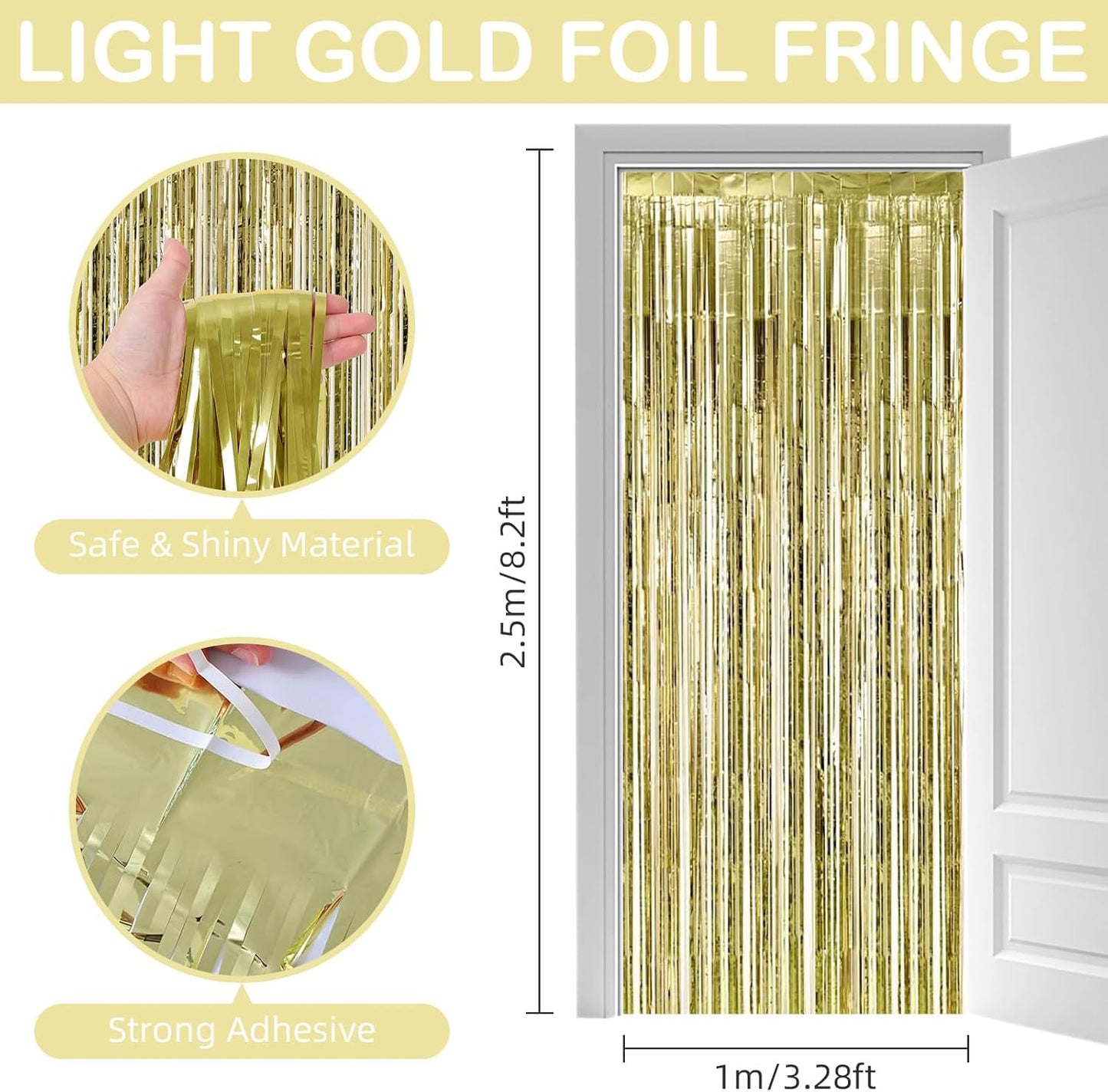 Light Gold Fringe Curtain Party Streamers, 12 Pack 3.3ft x 8.2 ft Foil Curtain Backdrop Tinsel Foil Fringe Curtains Photo Booth Backdrop Streamer for Birthday, Wedding, Baby Shower, Disco Party