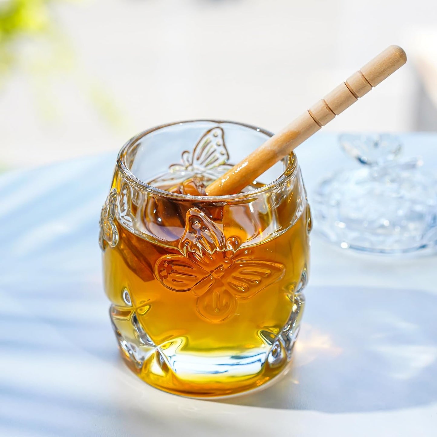 kanpura Clear Crystal Honey Jar with Dipper and Lid, Honey Bee Pot, 4.5oz Glass Honey Pot for Home Kitchen