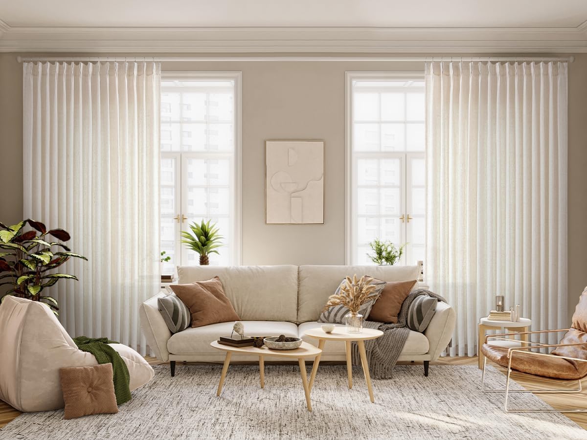 Vision Home Natural Pinch Pleated Semi Sheer Curtains Textured Linen Blended Light Filtering Window Curtains 120 inch for Living Room Bedroom Patio Pinch Pleat Drapes with Hooks 1 Panel 84" Wx120 L