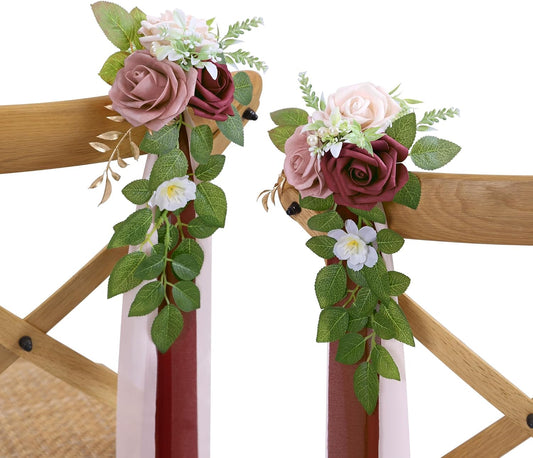 10 Wedding Aisle Decorations for Ceremony - Burgundy Chair Flowers for Aisle Decor - Church Pew Decorations