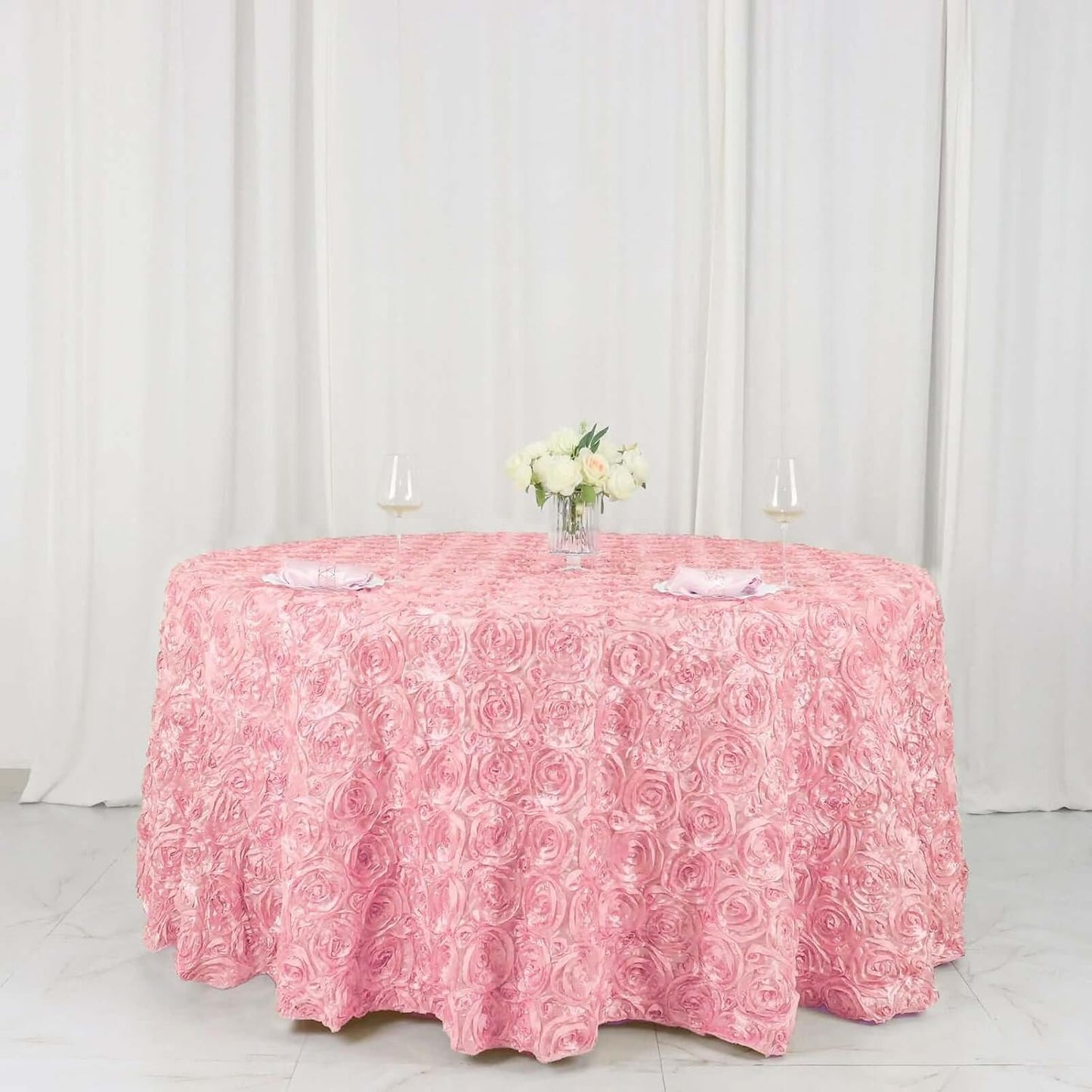 Efavormart 120" Wholesale Round Table Cover Pink Grandiose Rosette 3D Satin Tablecloth for Wedding Party Event Decoration