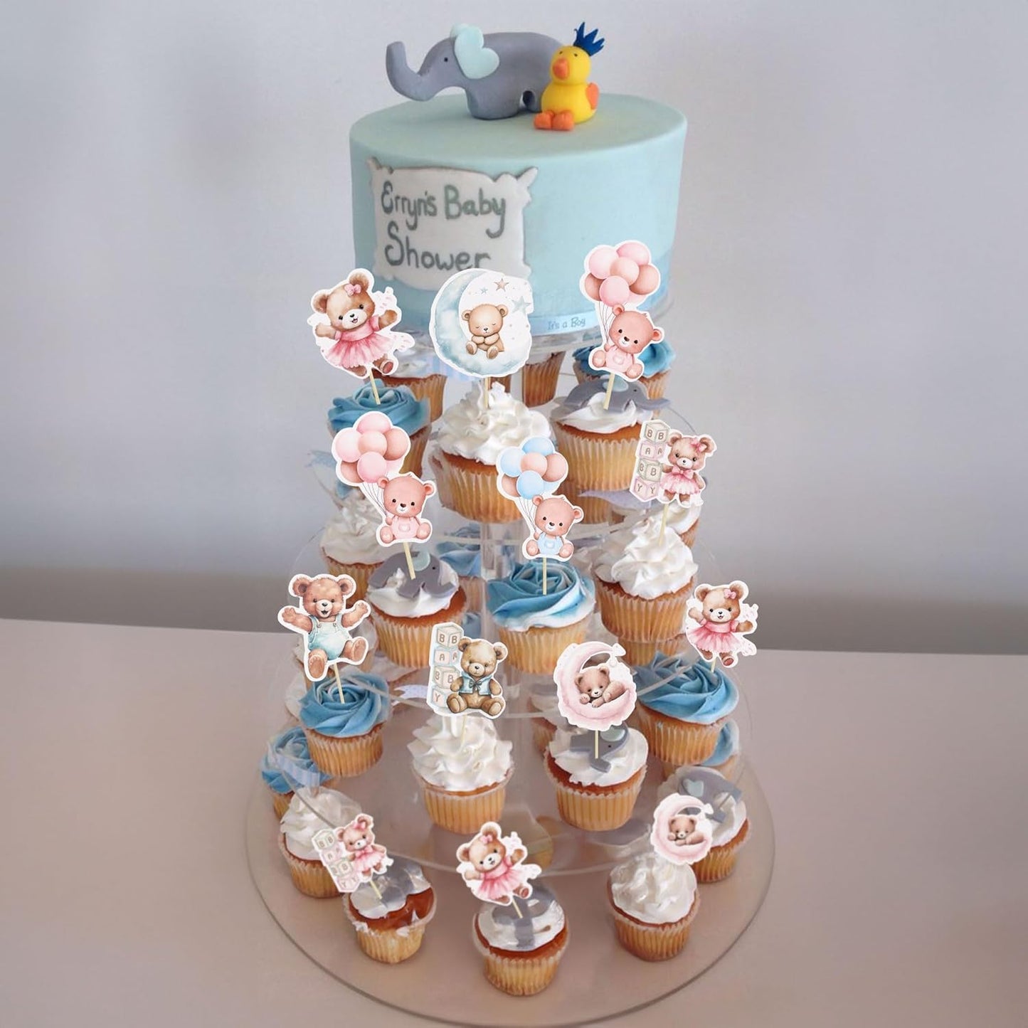 Gyufise 32Pcs Baby Shower Bear Cupcake Toppers Moon Baby Bear Baby Shower Cake Topper Decorations Jungle Animal Theme Birthday Party Cake Supplies Blue Pink