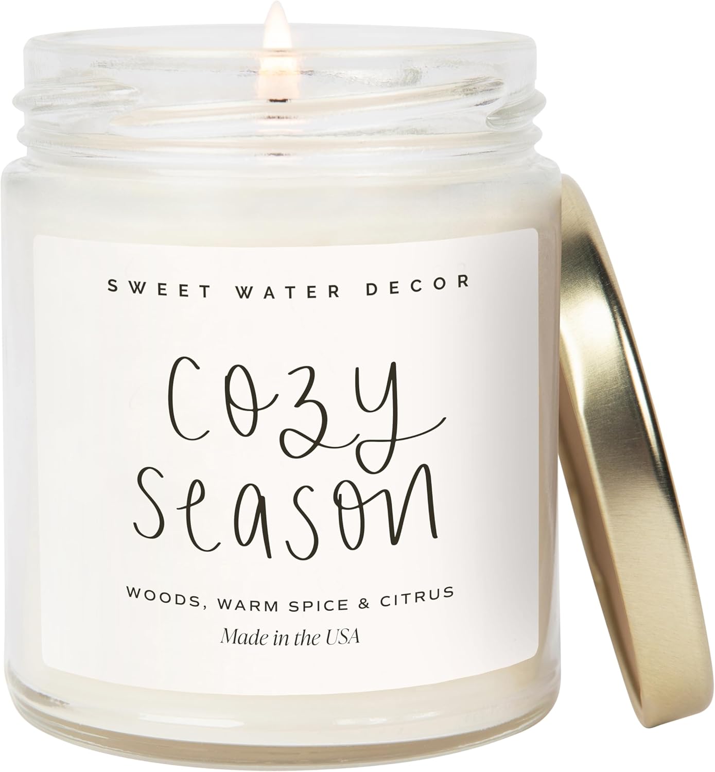 Sweet Water Decor Cozy Season Candle - Woods, Warm Spice, and Citrus Autumn Scented Soy Candles for Home - 9oz Clear Jar, 40 Hour Burn Time, Made in The USA