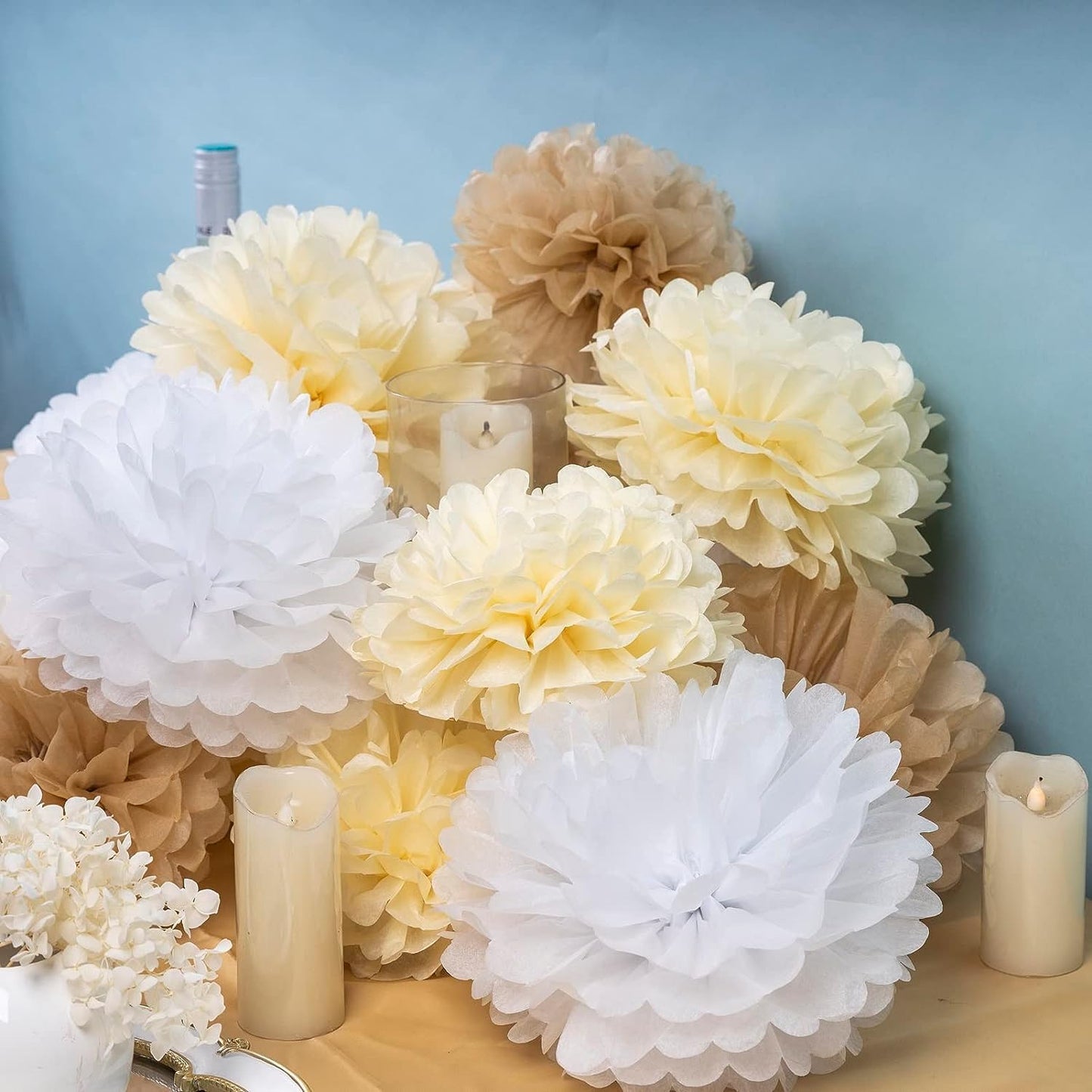 Boho Tissue Paper Pom Poms,Premium Champagne Neutral Party Decorations,Creamy White Light Brown Tissue Paper Flowers,for Wedding Birthday Engagement Receptions Boho Bridal Baby Showers Party Supplies