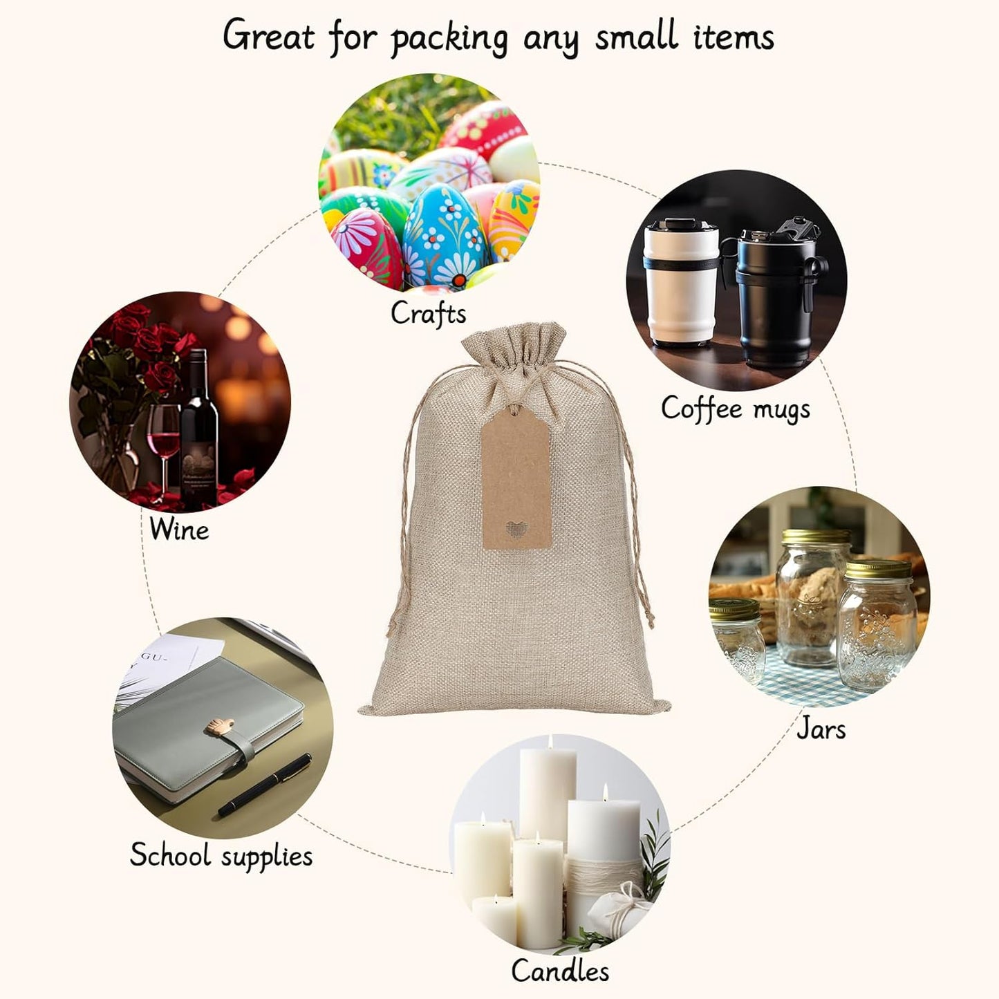 Tapleap Burlap Gift Bags with Drawstring - 10Pcs 8x12 Original Sacks with String and Tags for Wrapping Halloween Favors, Clothes, Toiletries, Breads, Mason Jars, For Birthday, Wedding