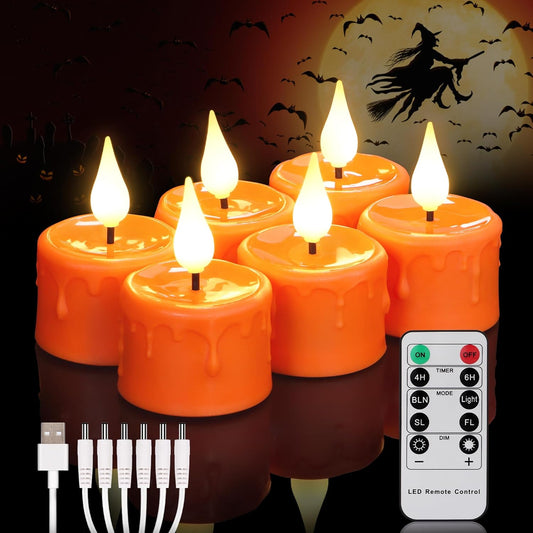 FREEPOWER Orange Halloween Candles,Rechargeable Flameless Candles with Remote Timer, Soft 3D Wick LED Tealights Candle, Rechargeable Candles Flickering Realistic for Halloween Decorations,Set of 6