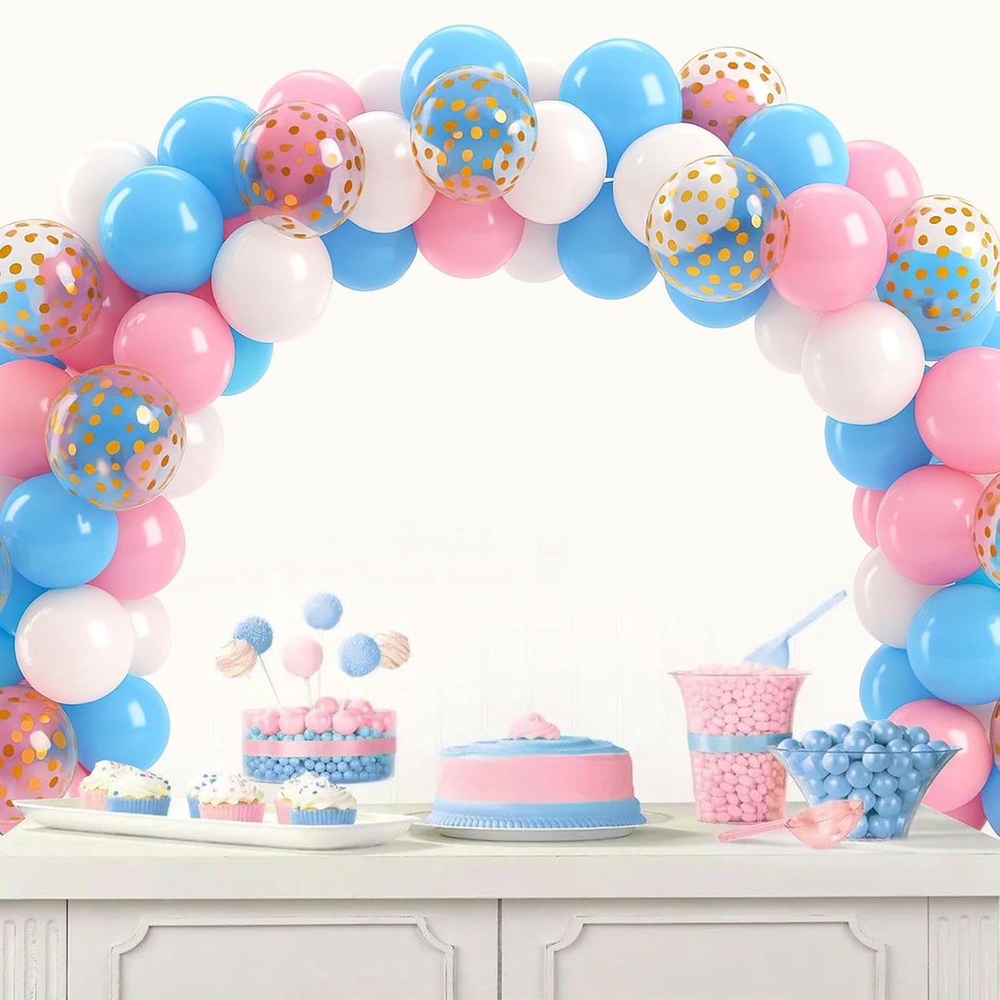Patimate Gender Reveal Pink and Blue Balloons Set, 50 pcs 12 inch Pastel Blue Pink White Confetti Latex Balloons Kit for Gender Reveal Baby Shower Birthday Party Decorations