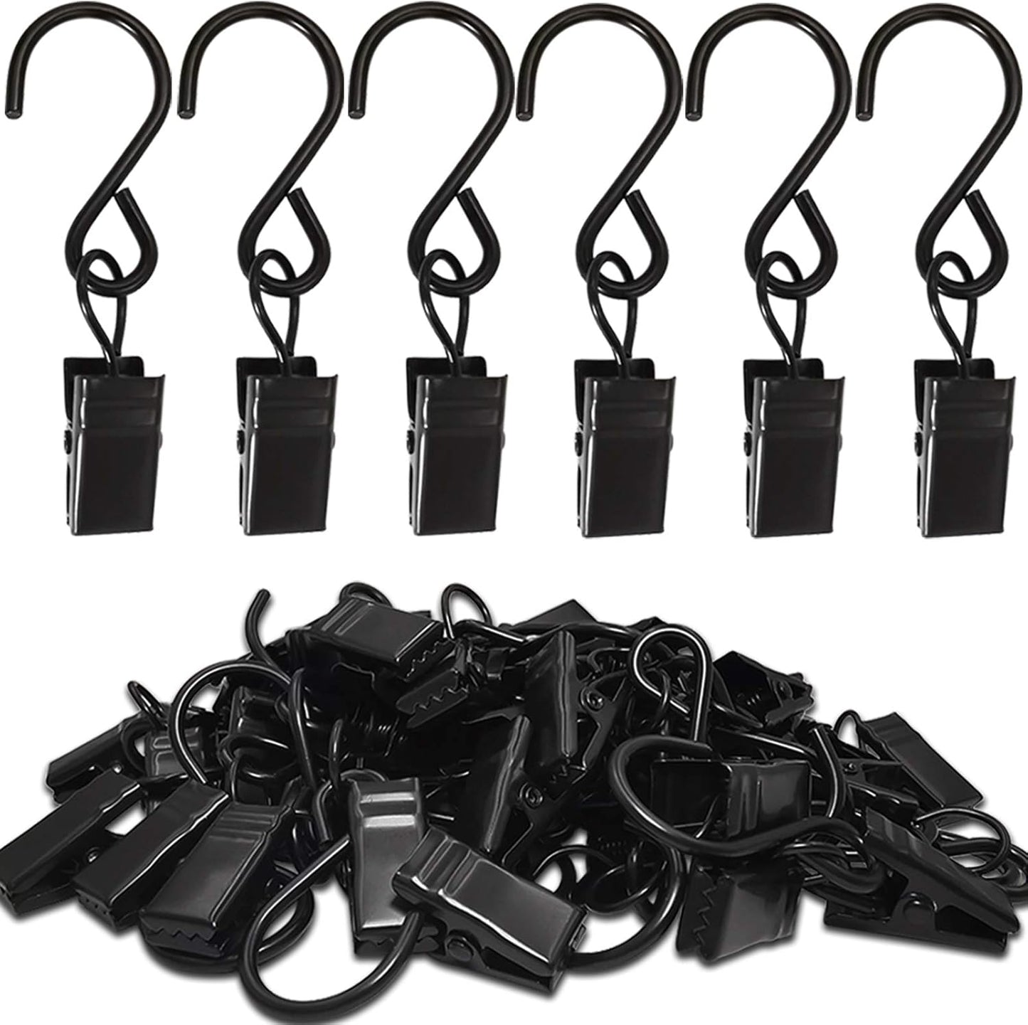 Stainless Steel S Hooks Curtain Clips, 50 Pack Hanging Party Lights Clips Hangers Gutter Photo, Art Craft Display, 2.4 Inch Long, Black