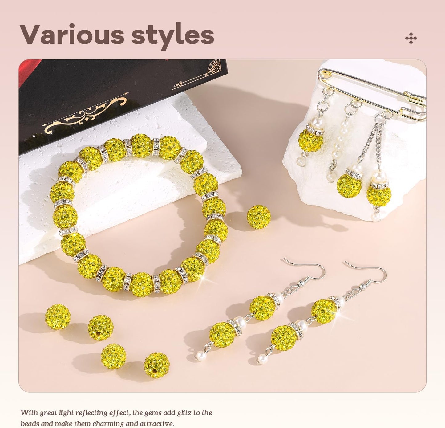 160pcs 10mm Rhinestone Beads for Jewelry Making, Yellow Shiny Round Disco Ball Beads Bulk, Sparkle Crystal Clay Christmas for Bracelet Baseball Necklace Earring Crafting and DIY