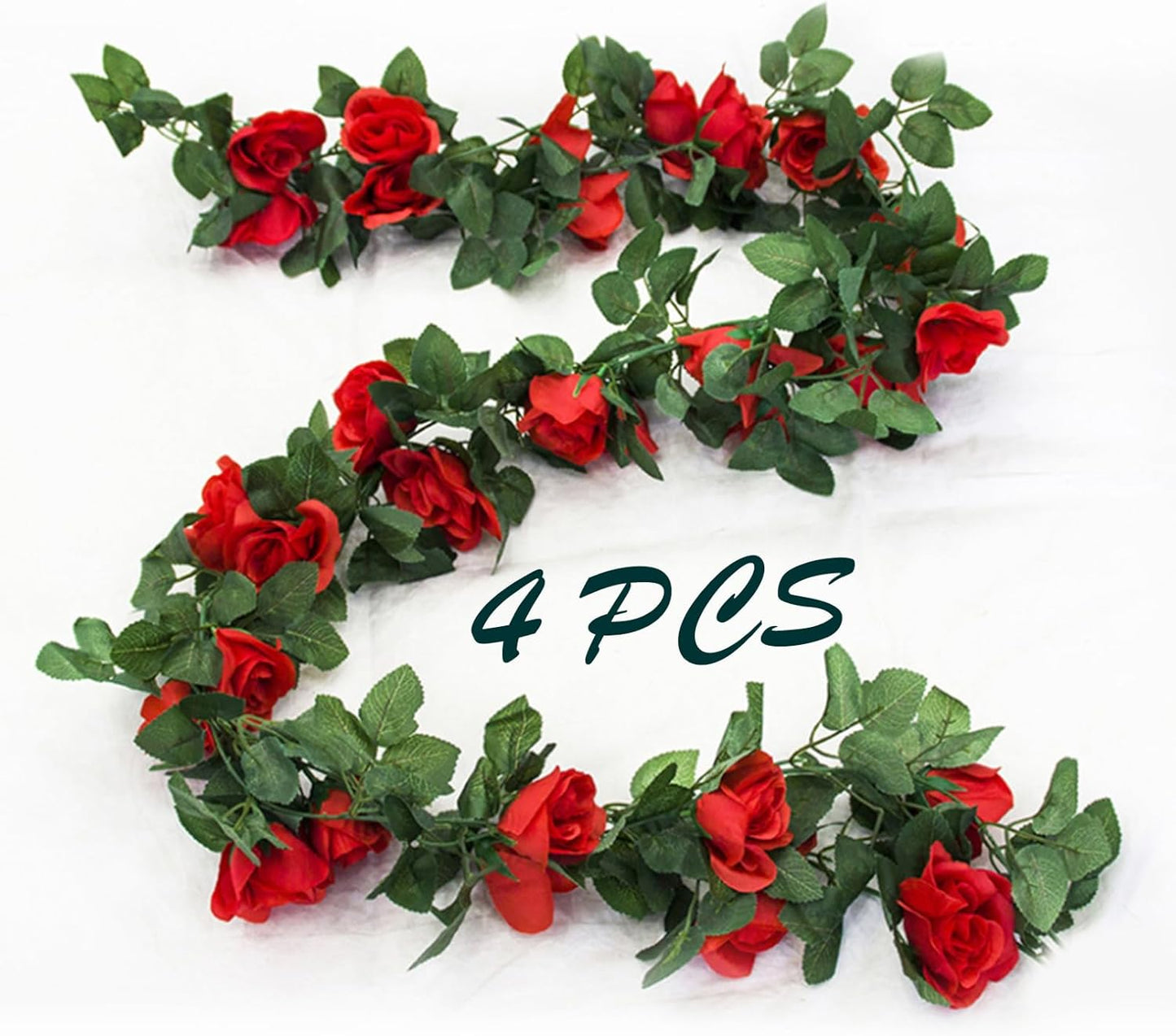 4 Pack Artificial Rose Vine Garland Fake Roses Flowers Plants Vines Hanging Floral Leaves Decoration for Wedding Party Table Garden Arch Wall Home Room Decor(Red)