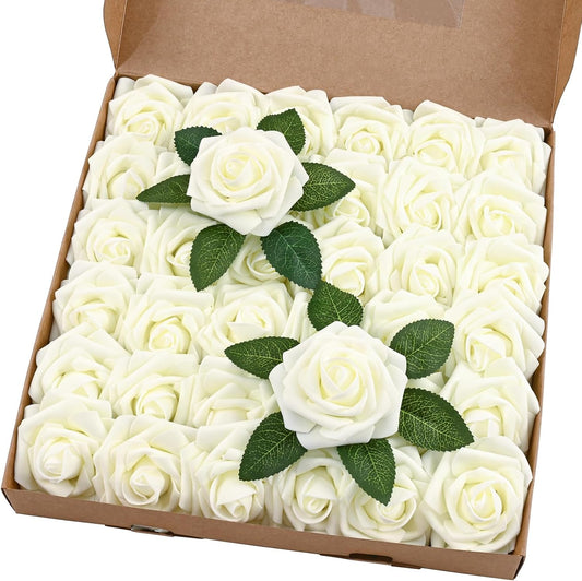 BLEUM CADE 36Pcs Artificial Flowers Fake Roses with Stems, Ivory White Boxed Foam Roses for DIY Bouquets Centerpieces Wedding Party Arrangement Bridal Shower Decor