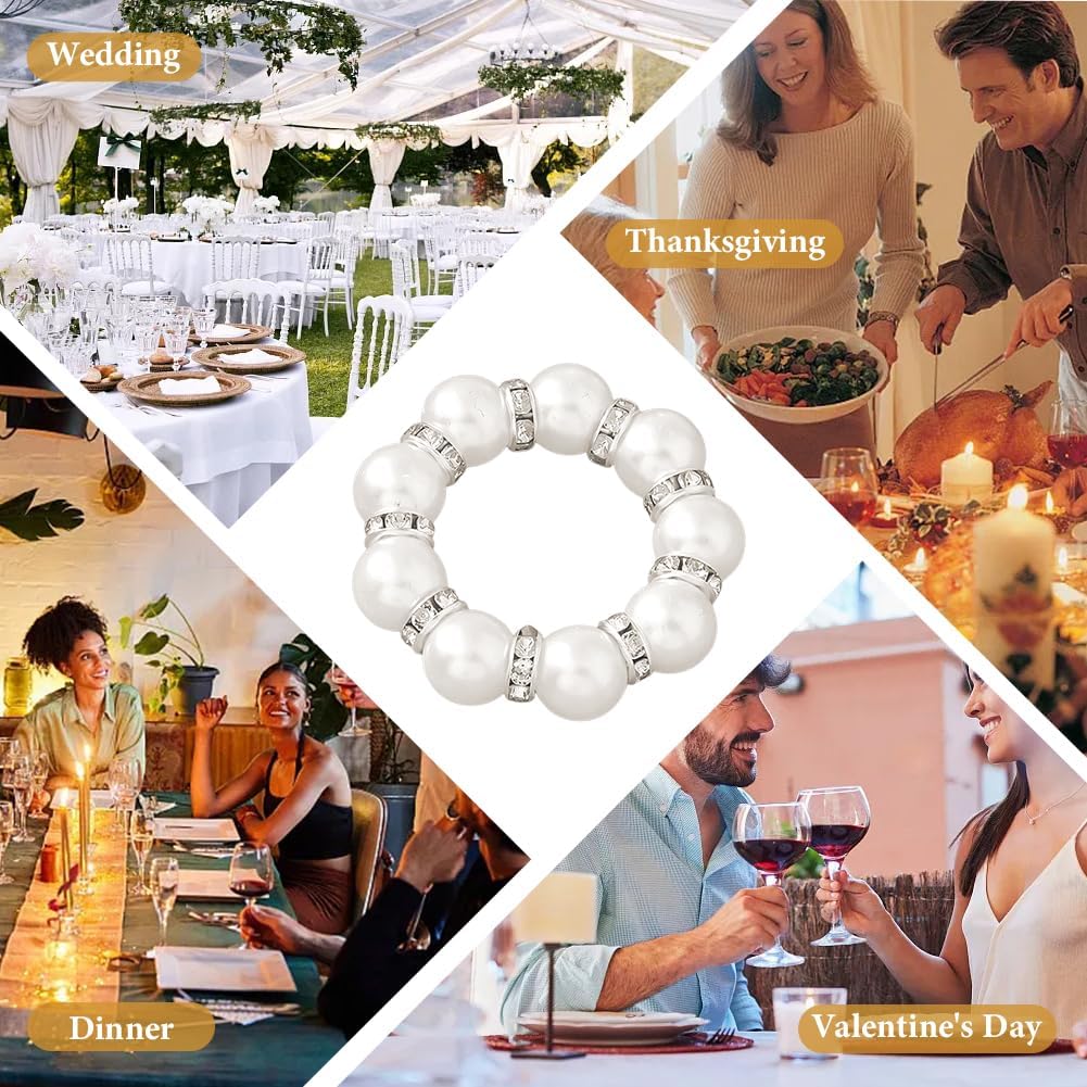 30Pcs Pearl Napkin Rings, Round Napkin Buckles Wedding Beaded White Napkin Rings Silver Napkin Ring Holder for Formal Dinner Reception Party Banquet Table Decor (Sliver)