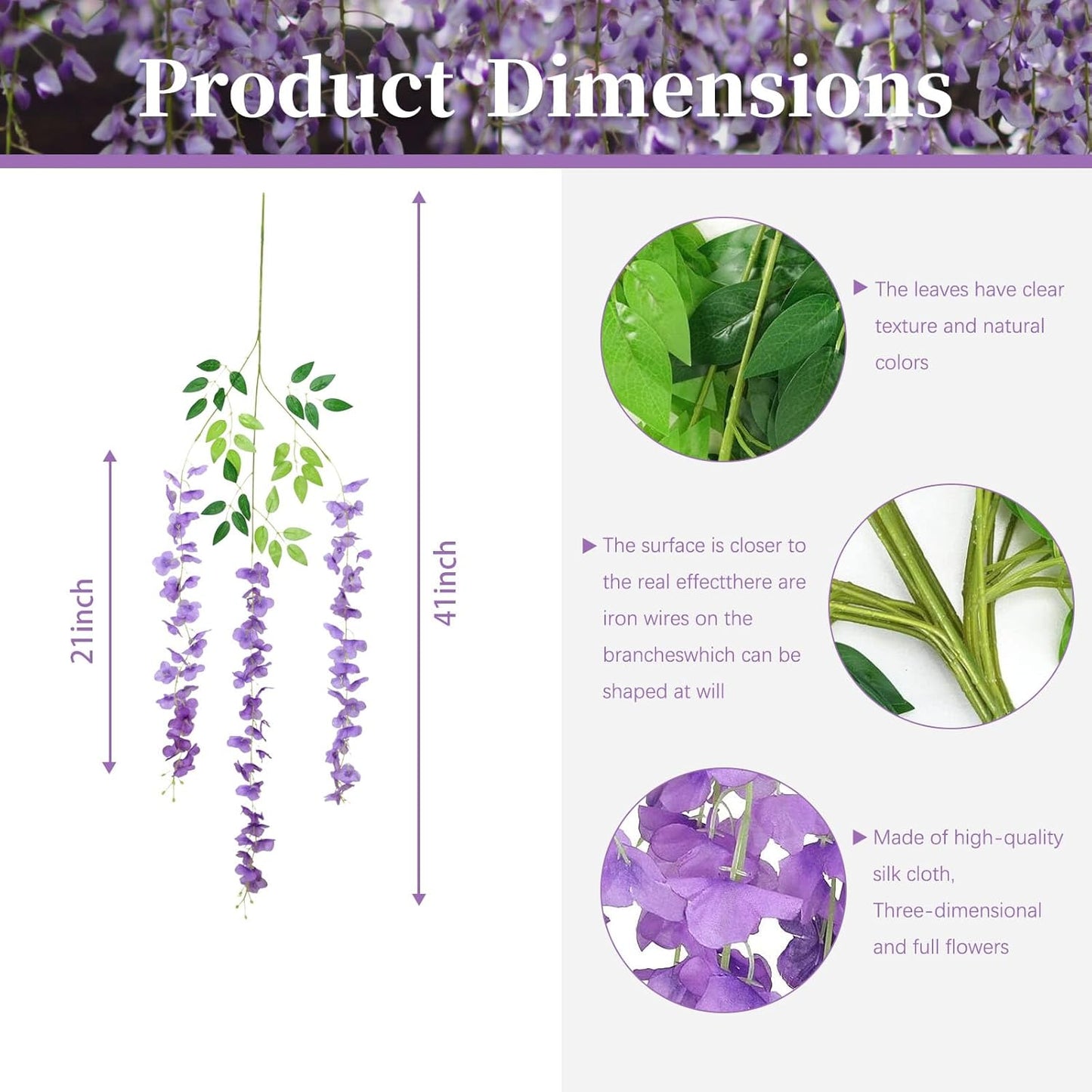 24Pack Purple Wisteria Hanging Flowers, 3.44 Ft Fake Hanging Flowers, Artificial Wisteria Garland Vines for Wedding Room Backdrop Outdoor Patio Garden Decoration