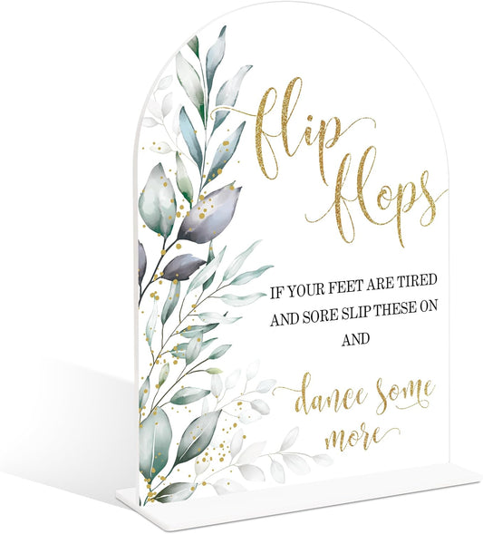 Acrylic Wedding Signs, Greenery Theme Flip Flops Sign, Wedding Reception Signage, Bridal Shower Table Decor with Stand, Engagement, Anniversary, Newlywed Events Supplies for Dance Floor Decor, 13
