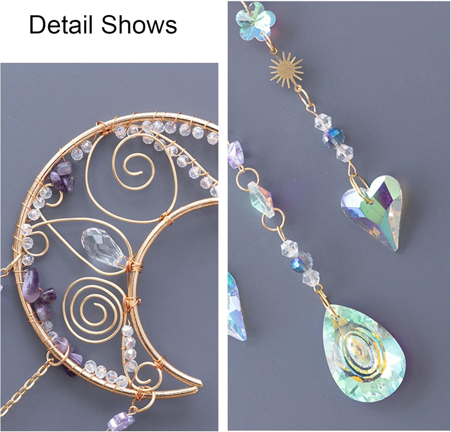 TUOKING Crystal Moon Suncatchers for Window Hanging Natural Healing Stones Wind Chimes Sun Catcher Rainbow Maker Good Luck Gifts Decor for Home Garden