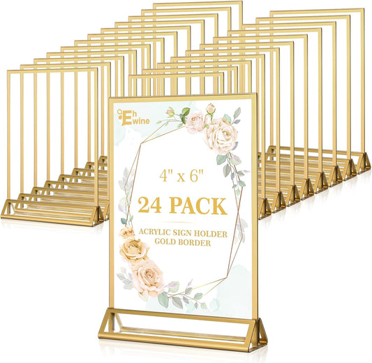 EHWINE 24 Pack Acrylic Sign Holder 4 x 6, Double Sided Gold Picture Frame Stand up Table Top Sign Holders, Clear Display Stand Menu Flyer Holder for Wedding Party