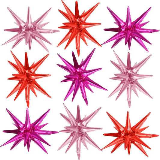 Hot Pink Red Star Balloons,9Pcs 22Inch Pink Red Explosion Spike Cone Helium Polyester Film Star Foil Balloons for Birthday Anniversary Baby Shower Valentine's Day Disco Party Decorations