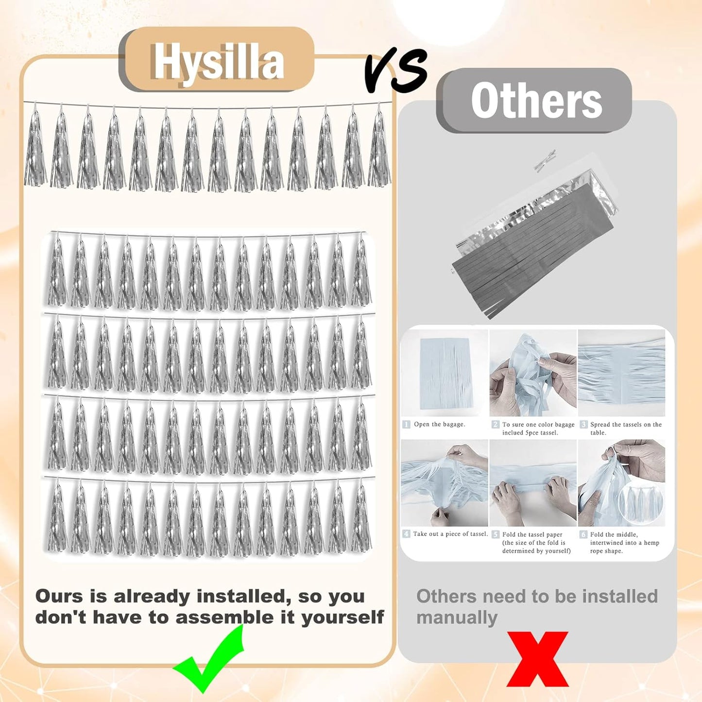 6P Silver Foil Fringe Metallic Tassel Streamers Banner Tassel Garland for Parade Floats, Bachelorette, Wedding, Birthday, Graduation, Christmas, Bridal/Baby Shower Party Decorations