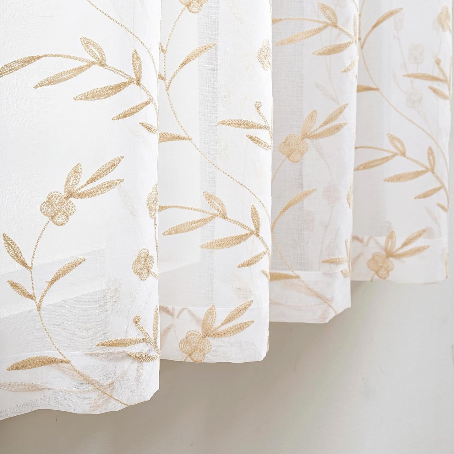 Sheer Curtains 45 Inches White-Beige Floral Embroidery Rod Pocket Voile Drapes for Living room, Bedroom, Window Treatments Lace Outdoor Curtain Panels for Yard, Kitchen, Villa, Set of 2, 52"x 45".