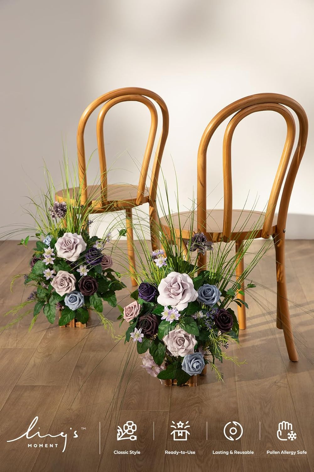 Ling's moment 17.5" Tall Standing Artificial Flowers Arrangements 4 pcs Wedding Aisle Runner Chair Decorations Provence Blue & Purple Centerpieces for Ceremony Reception Rose Floral Party Outdoor