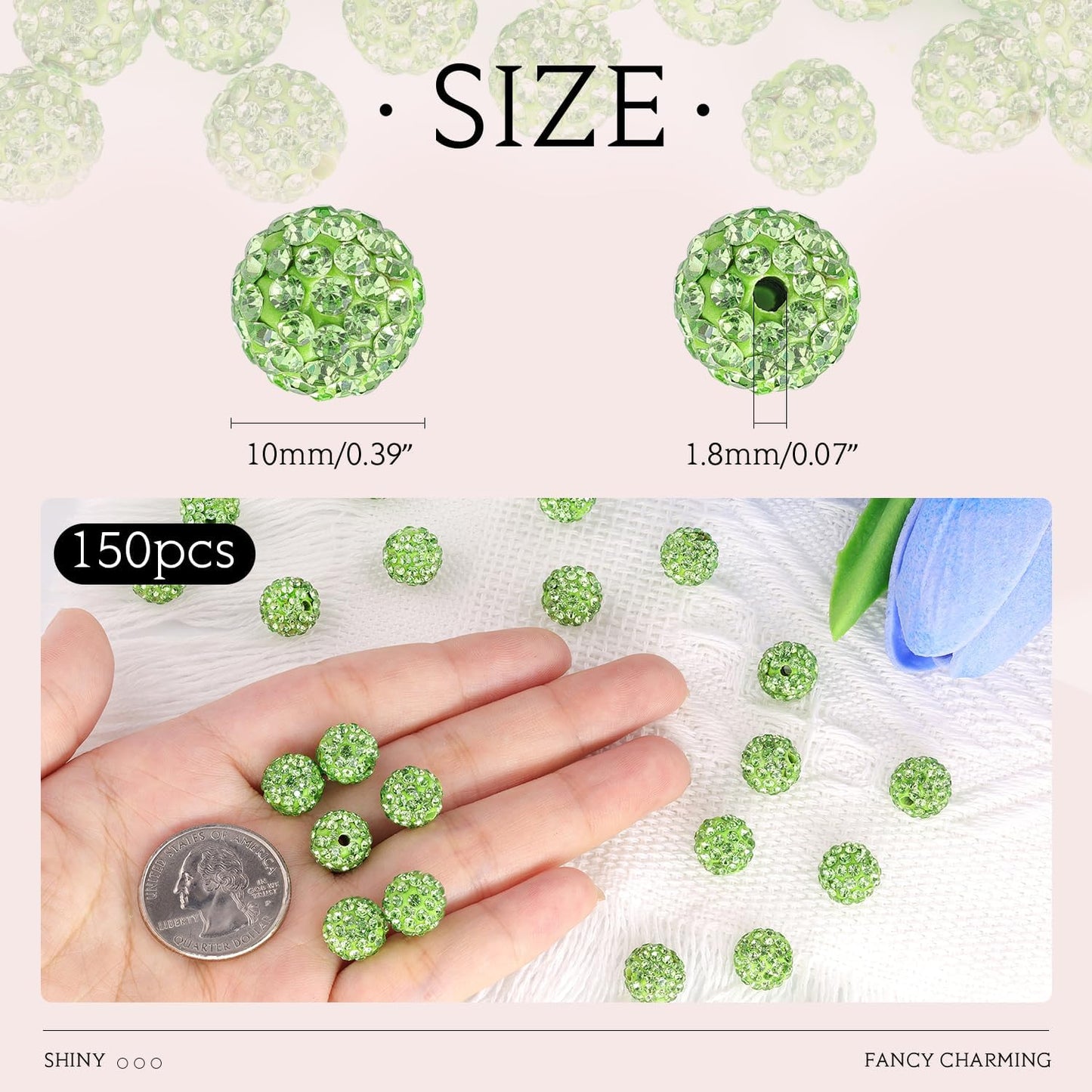 150 pcs 10mm Rhinestone Beads for Jewelry Making, Light Green Shiny Round Shamballa Disco Beads Bulk, Sparkle Crystal Clay Christmas for Bracelet Baseball Necklace Earring Crafting and DIY