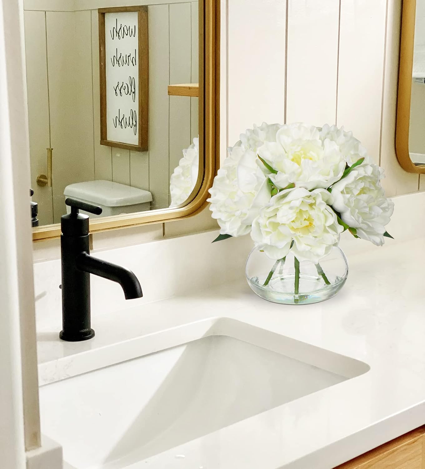 Hollyone Fake Flowers White Peonies Artificial Flowers Faux Flowers with Vase Peony Silk Flower Arrangements in Glass Vase with Faux Water for Home Decor Bathroom Table Centerpiece Shelf Decorations