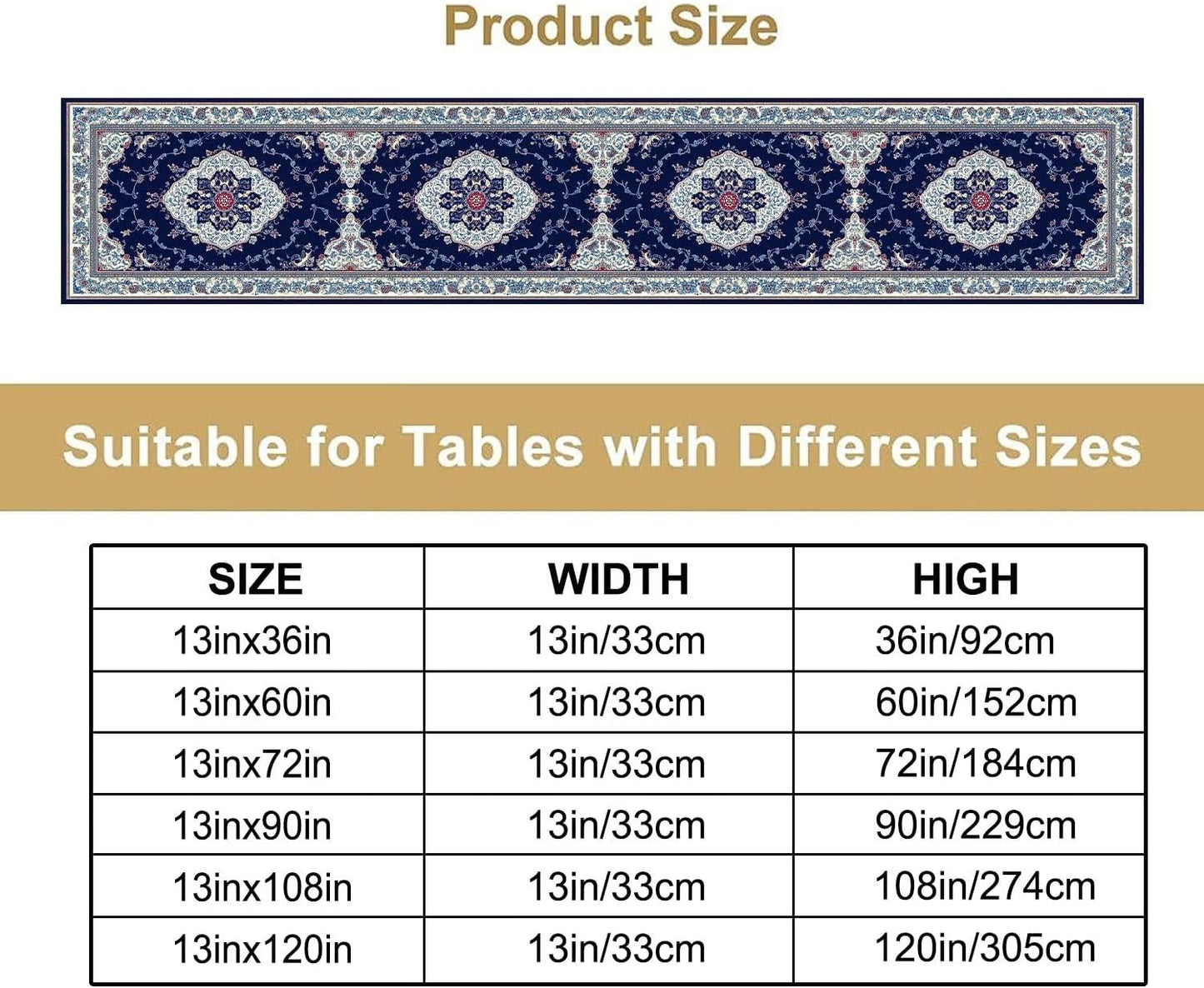 Elegant Palace Boho Blue Table Runner Vintage French Style Farmhouse Geometric Home Farmhouse Kitchen Table Dining Coffee Room Garden Party Wedding Decor 13x36in