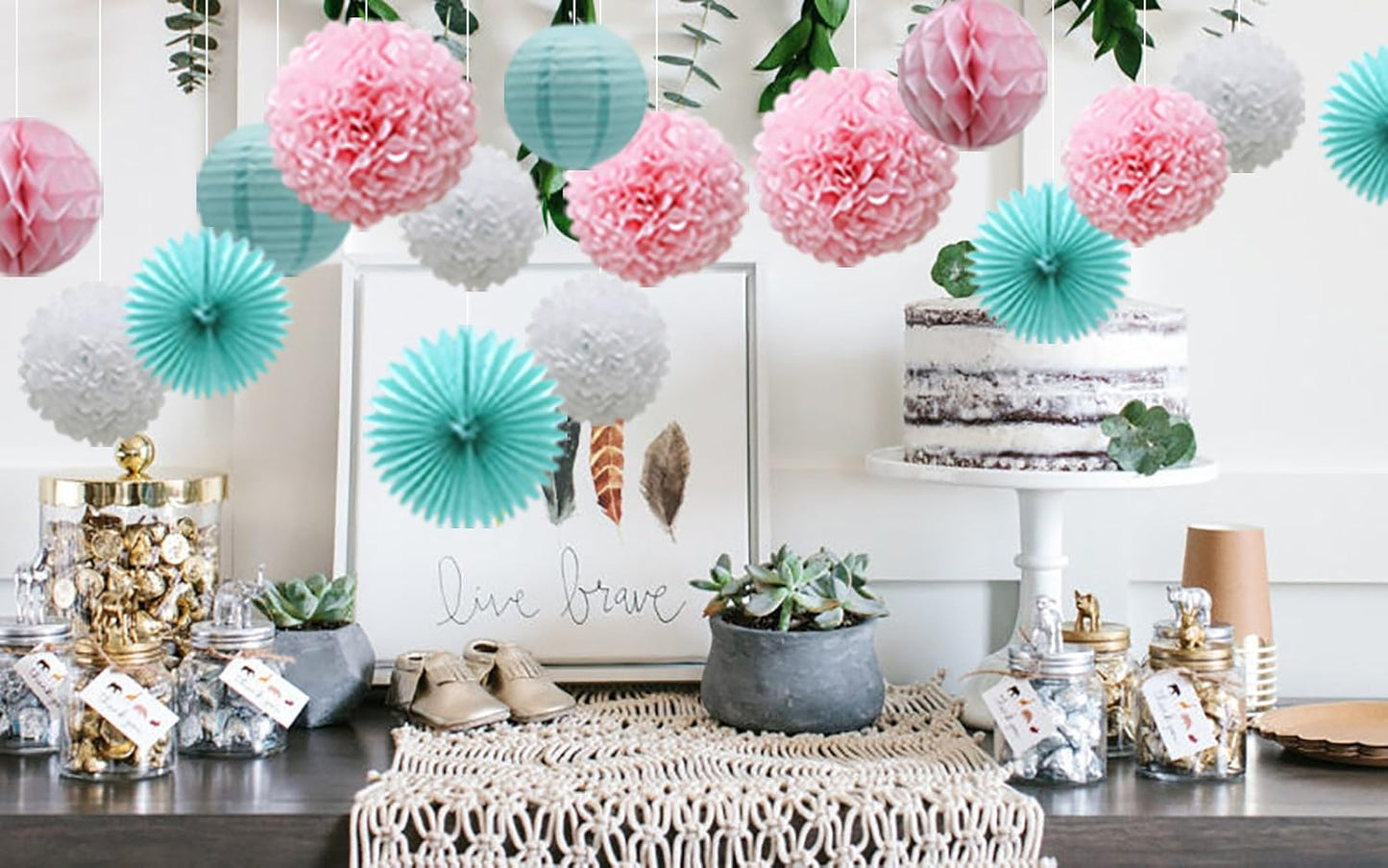 Teal Party Supplies for Bridal Baby Shower First Birthday Party Wedding Decorations (16pcs) Paper Honeycomb Ball Pom Poms Flowers Paper Lanterns Hanging Tissue Fan